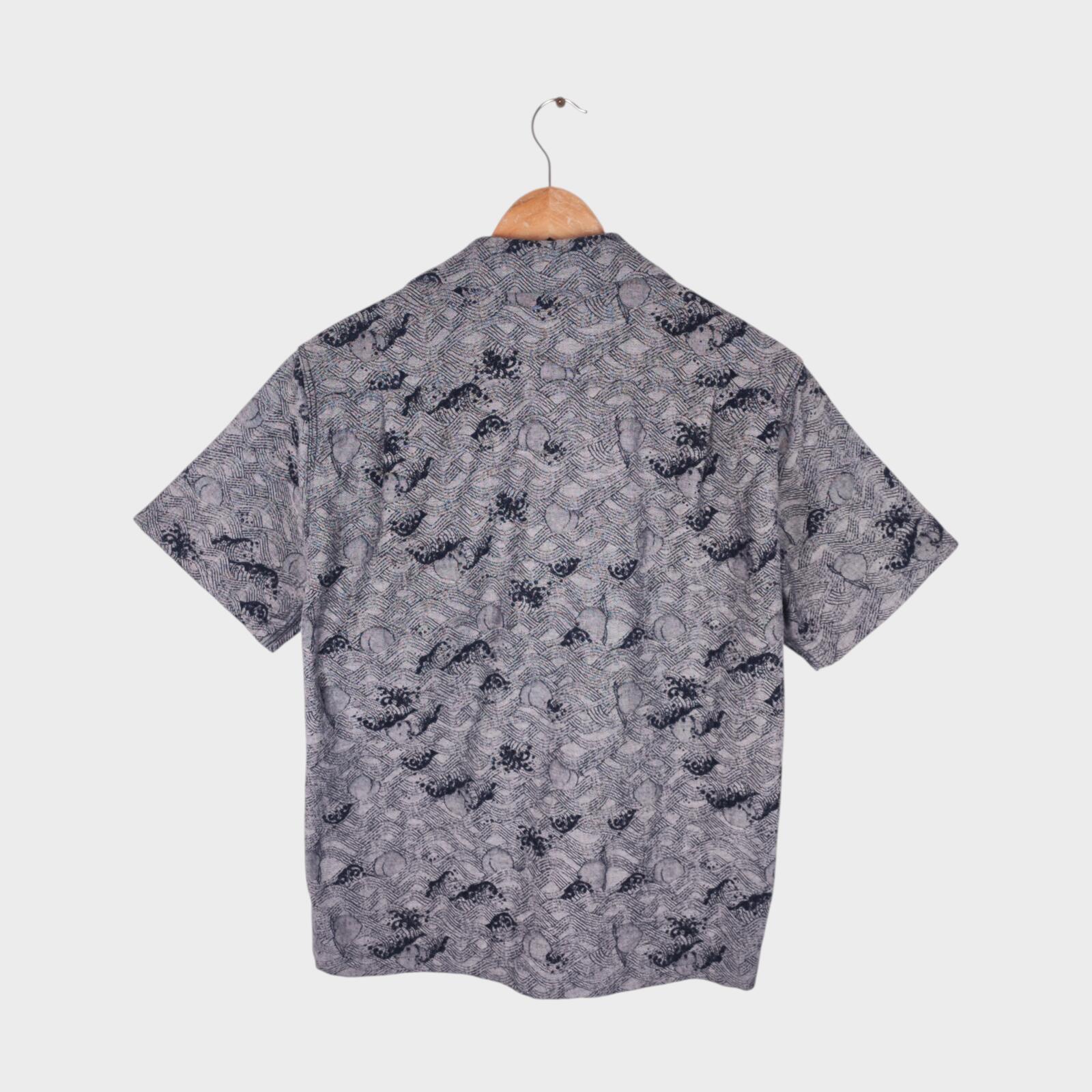 MOMOTARO Men's Made in Japan Grey/Indigo Peach Wave Jacquard Short Sleeved Shirt