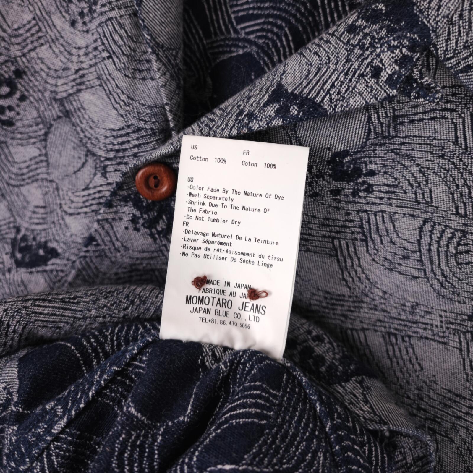 MOMOTARO Men's Made in Japan Grey/Indigo Peach Wave Jacquard Short Sleeved Shirt