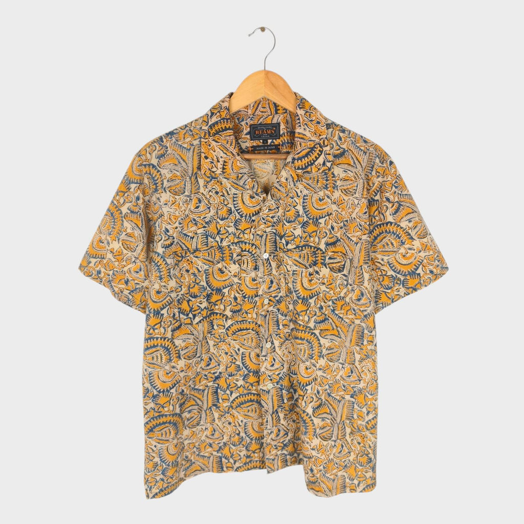 BEAMS PLUS Men's Made in Japan Floral Paisley Print Camp Collar Vacation Shirt
