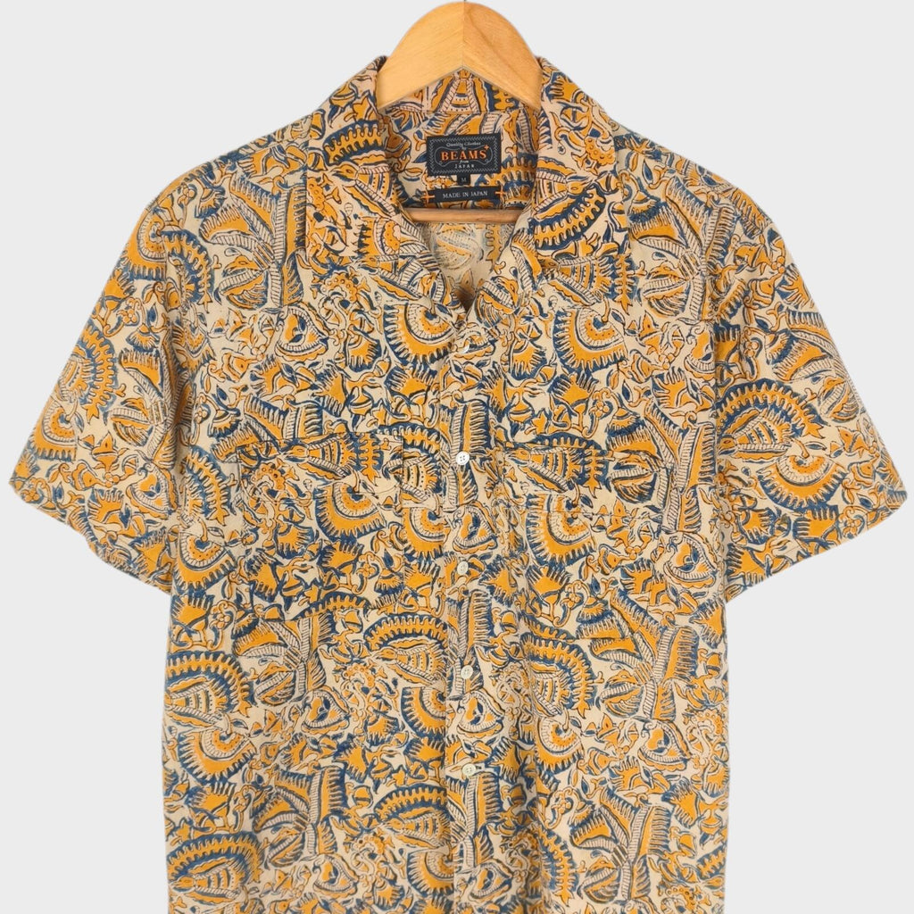 BEAMS PLUS Men's Made in Japan Floral Paisley Print Camp Collar Vacation Shirt
