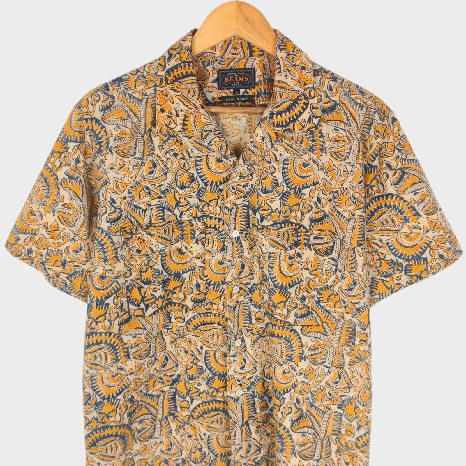 BEAMS PLUS Men's Made in Japan Floral Paisley Print Camp Collar Vacation Shirt