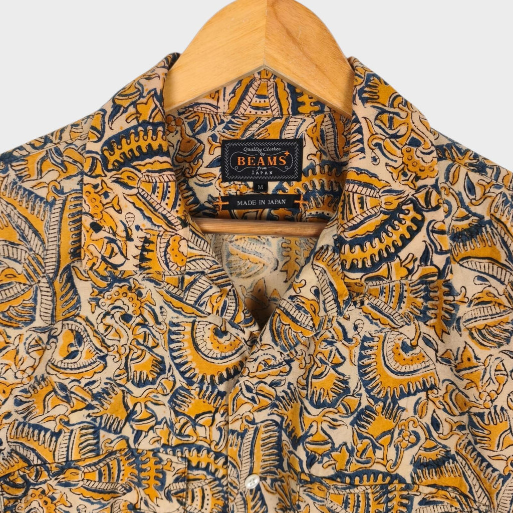 BEAMS PLUS Men's Made in Japan Floral Paisley Print Camp Collar Vacation Shirt