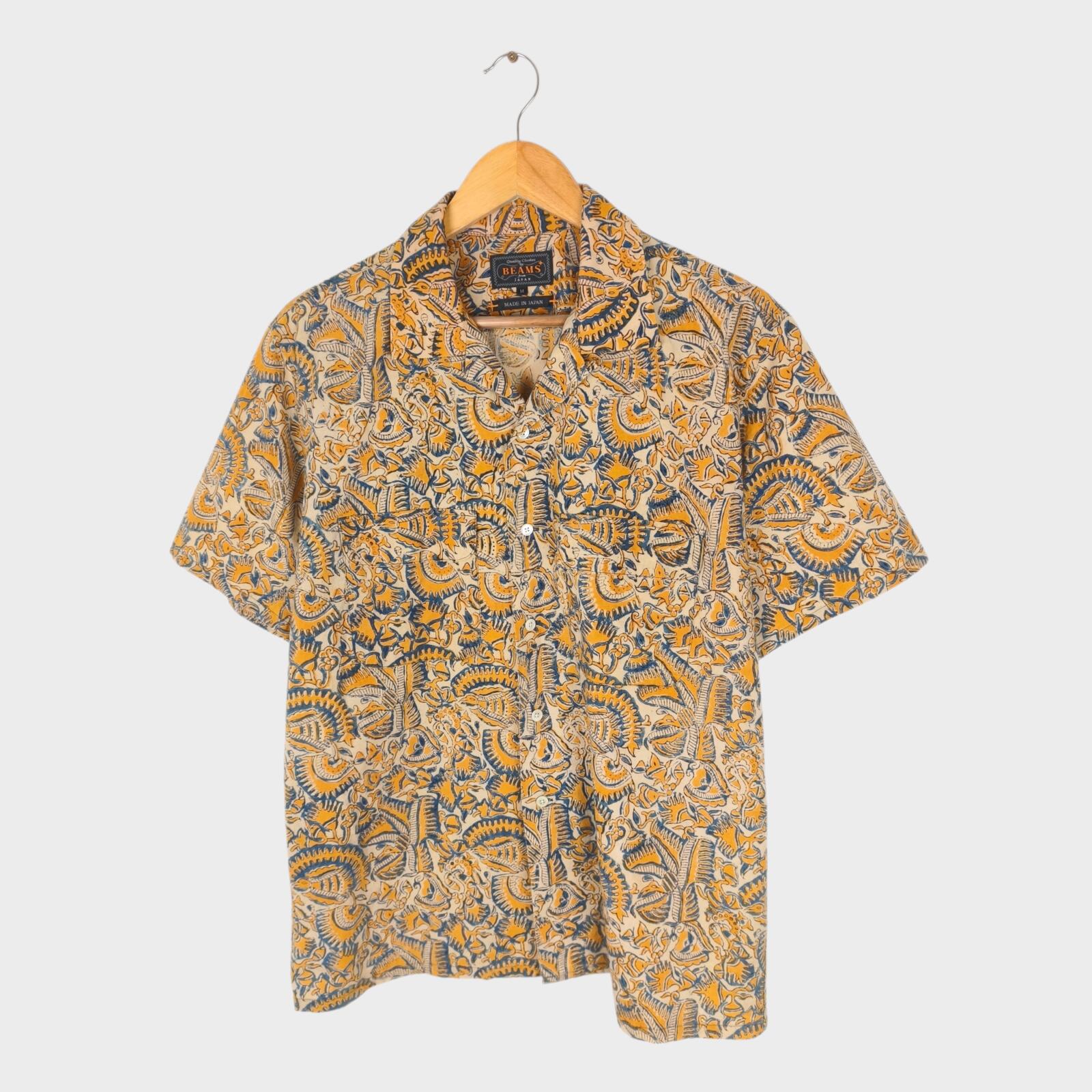 BEAMS PLUS Men's Made in Japan Floral Paisley Print Camp Collar Vacation Shirt