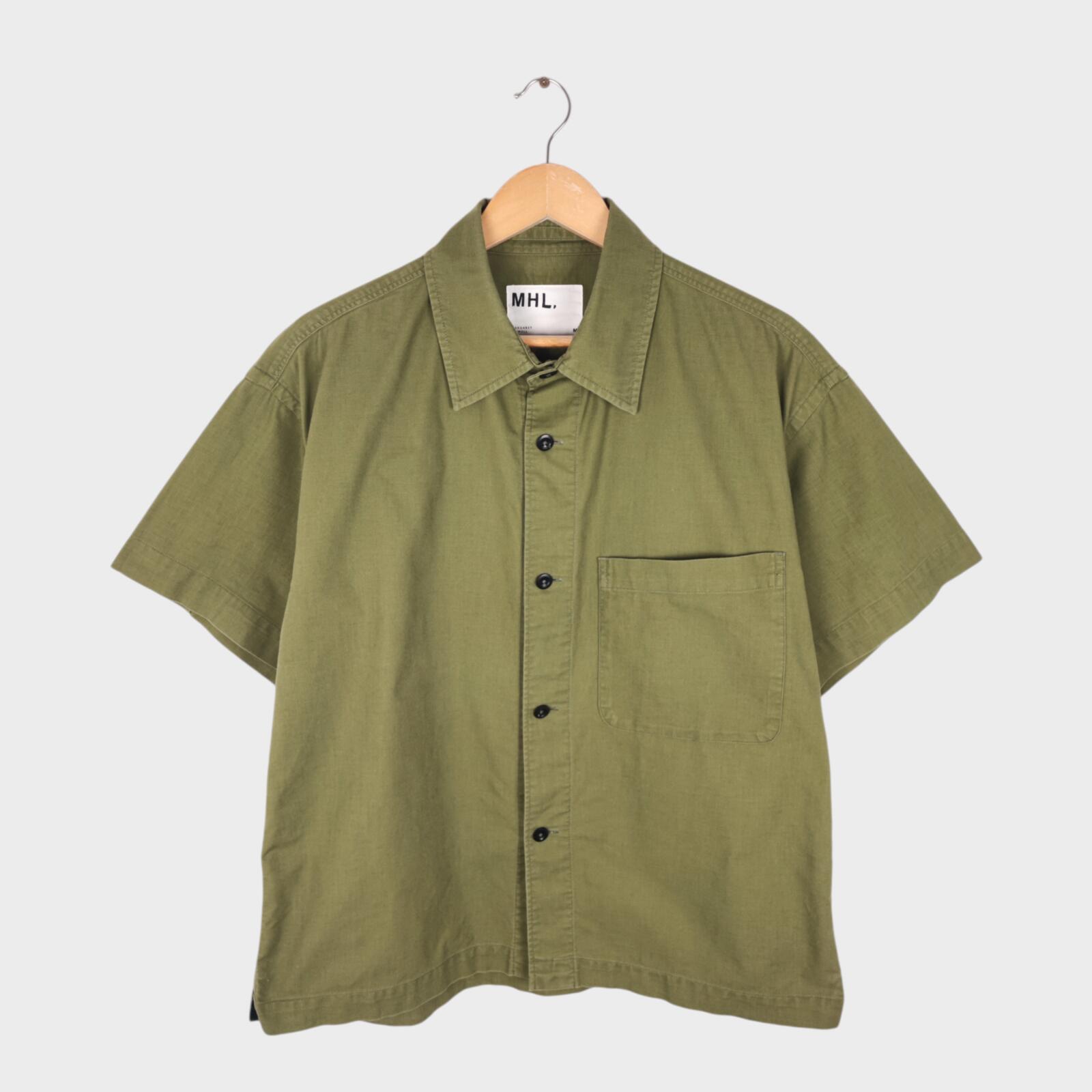 MHL MARGARET HOWELL Men's Green Short Sleeved Heavyweight Cotton Shirt