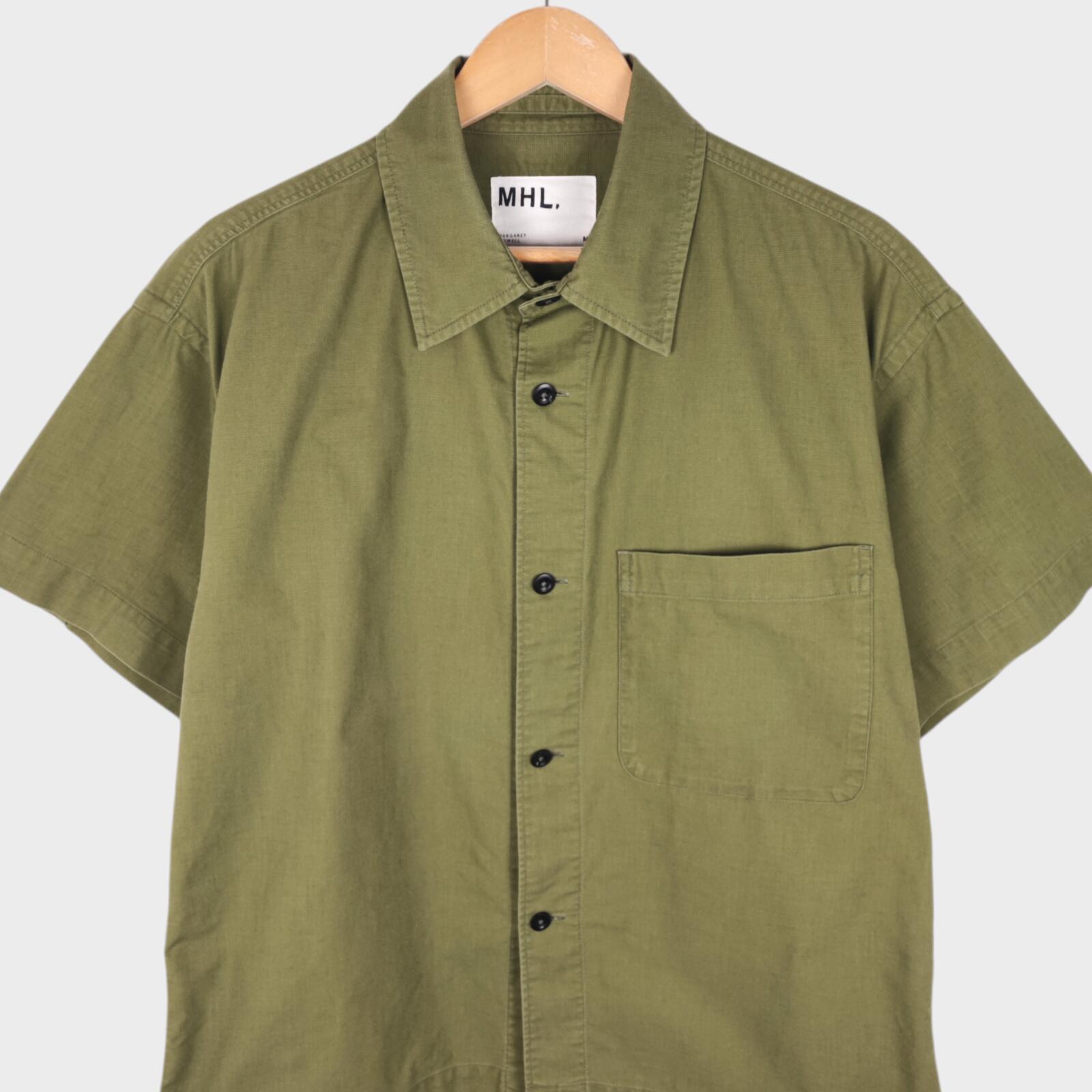 MHL MARGARET HOWELL Men's Green Short Sleeved Heavyweight Cotton Shirt