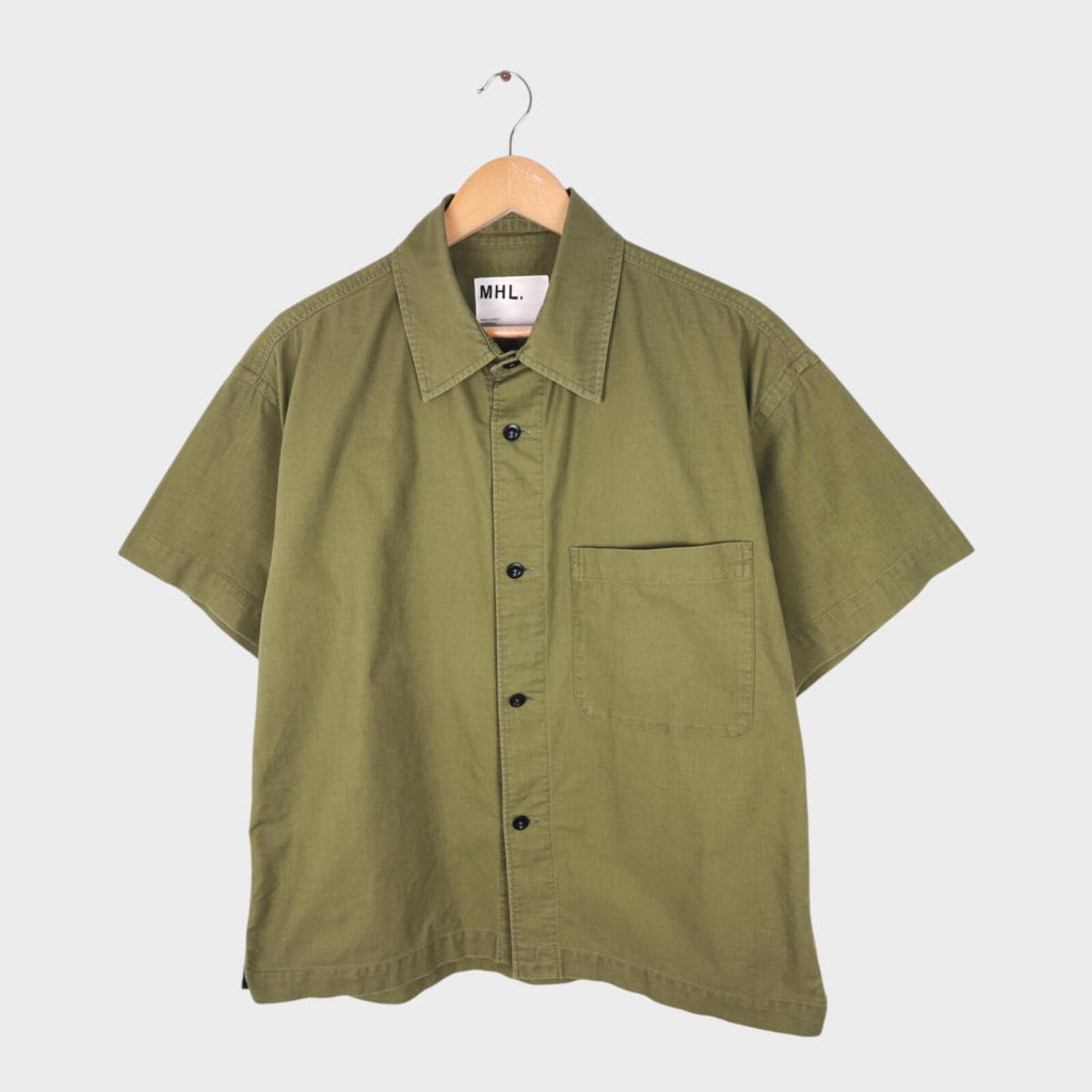 MHL MARGARET HOWELL Men's Green Short Sleeved Heavyweight Cotton Shirt