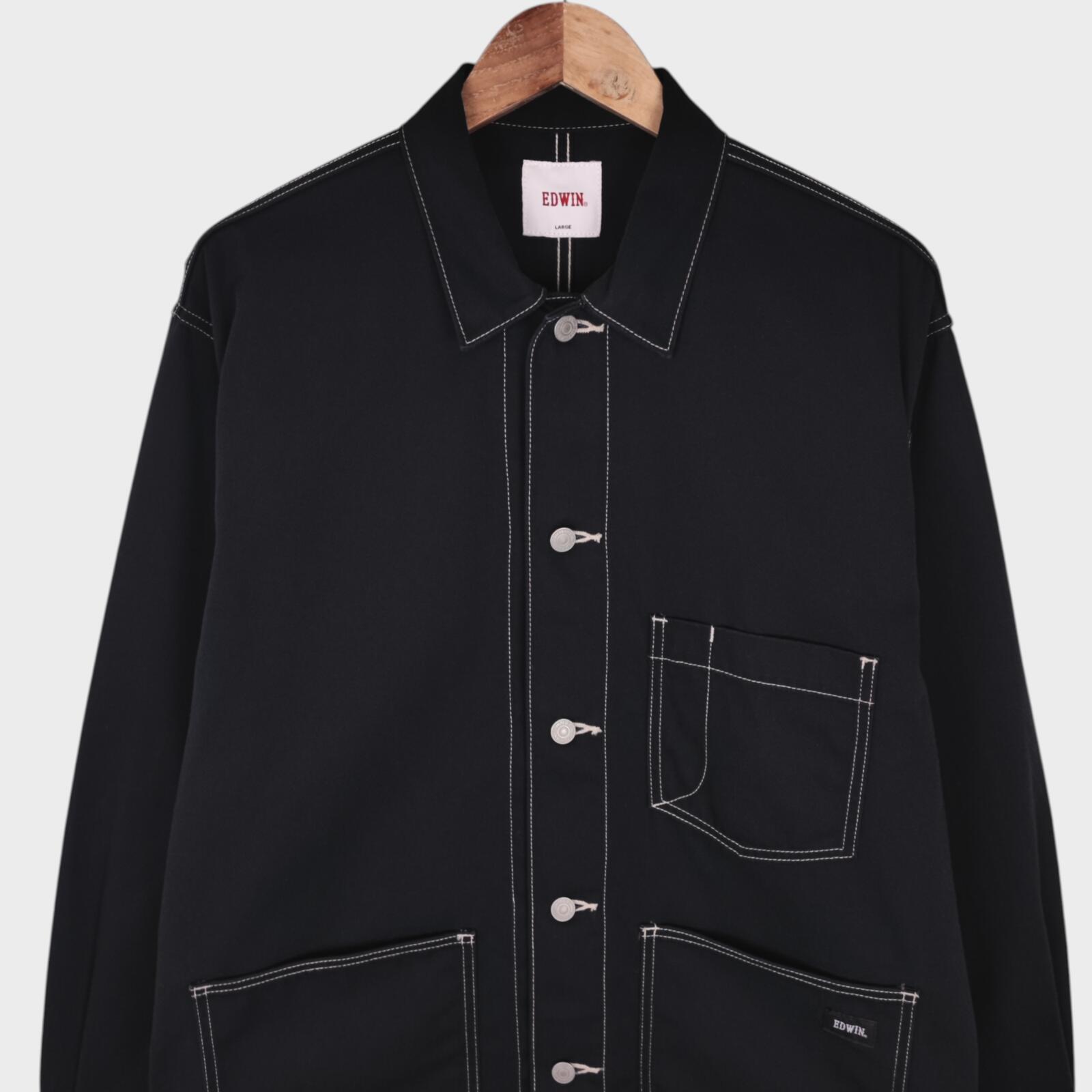 EDWIN Japan Men's Black Cotton Twill Contrast Stitching Chore Jacket