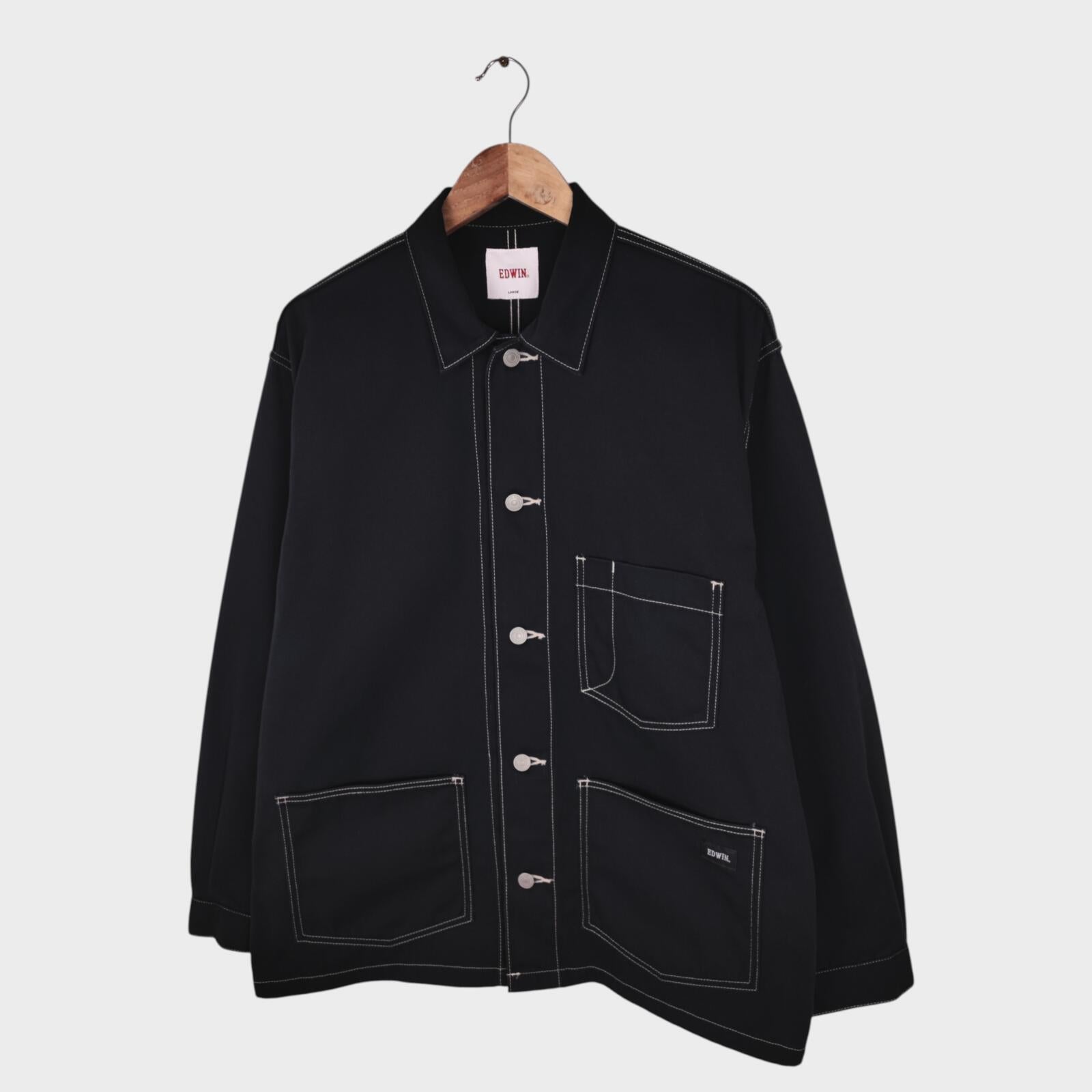 EDWIN Japan Men's Black Cotton Twill Contrast Stitching Chore Jacket