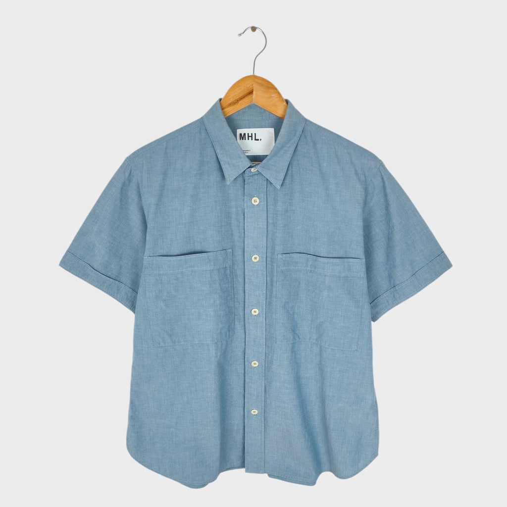 MHL MARGARET HOWELL Men's Blue Short Sleeved Cotton Chambray Shirt
