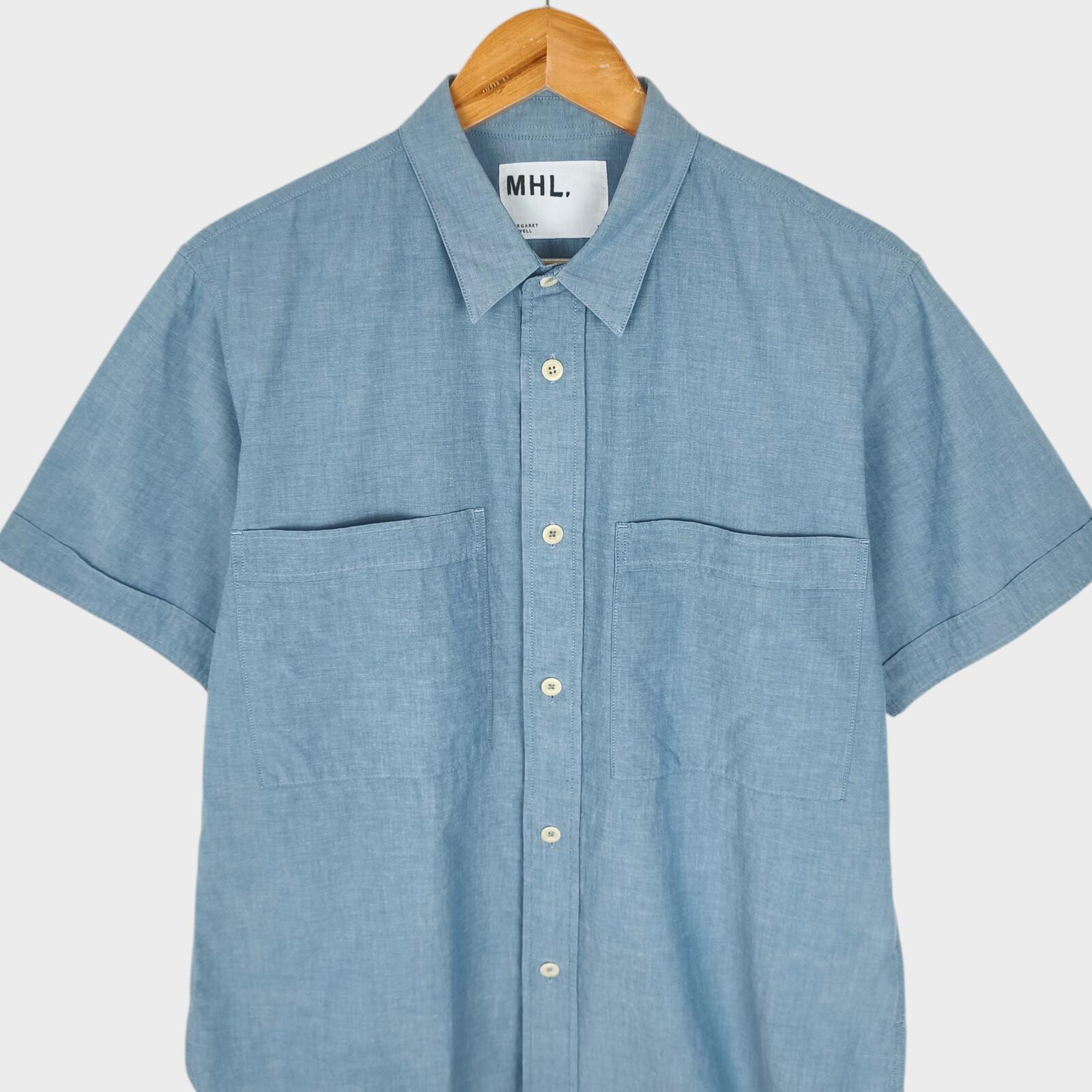 MHL MARGARET HOWELL Men's Blue Short Sleeved Cotton Chambray Shirt