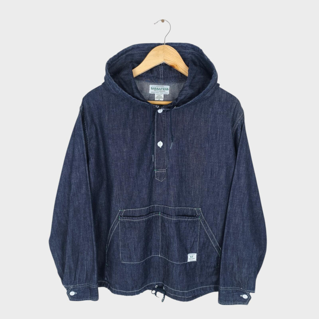 SASSAFRAS Men's Made in Japan Blue Denim Hooded Smock