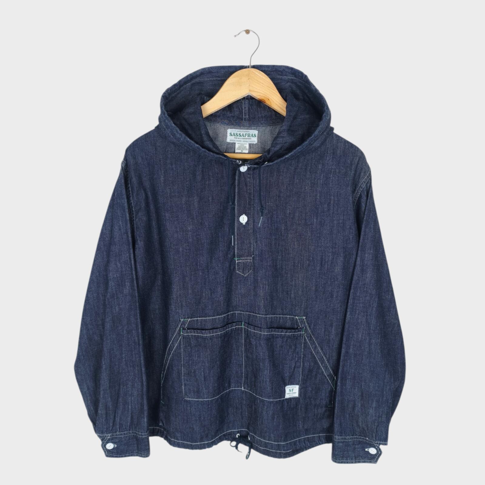 SASSAFRAS Men's Made in Japan Blue Denim Hooded Smock