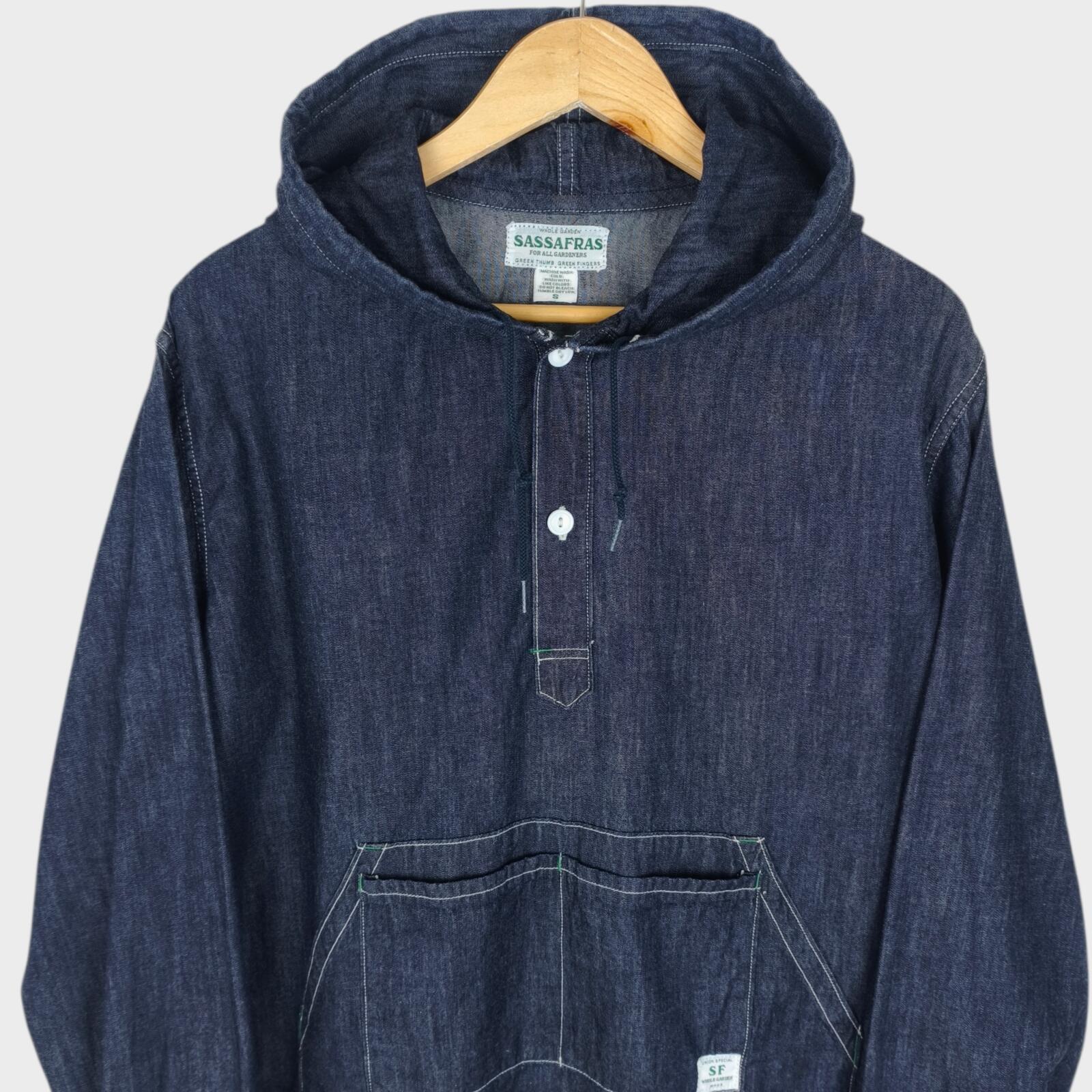 SASSAFRAS Men's Made in Japan Blue Denim Hooded Smock