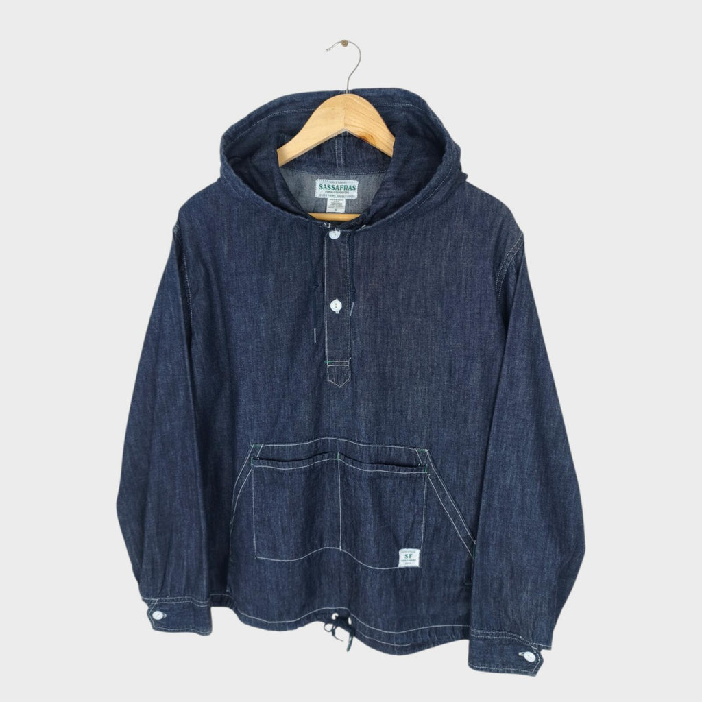SASSAFRAS Men's Made in Japan Blue Denim Hooded Smock