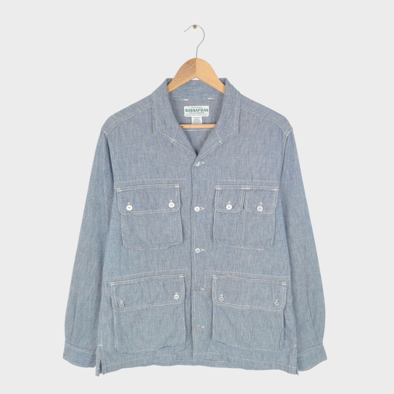 SASSAFRAS Men's Made in Japan Blue Dogtooth Vertical Garden Half Jacket