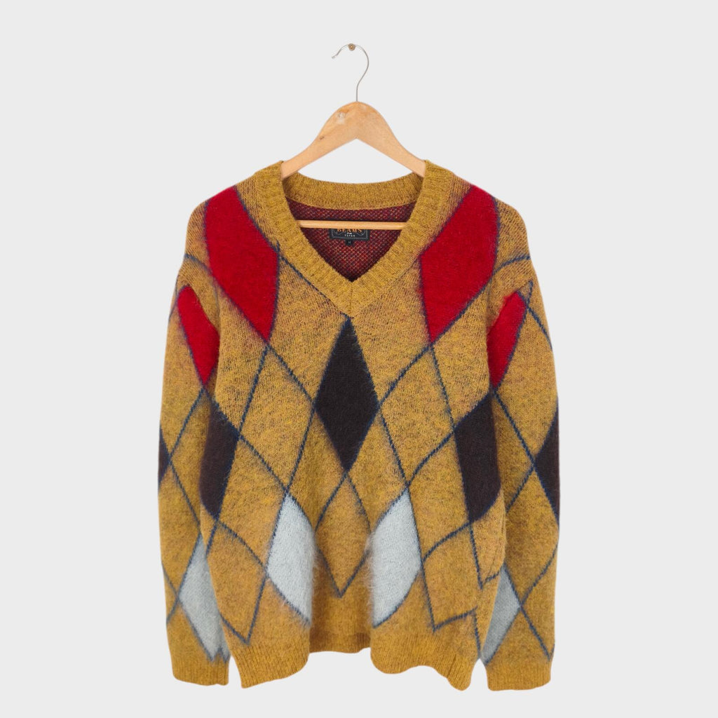 BEAMS PLUS Men's Shaggy Mohair Blend Argyle V-Neck Jumper