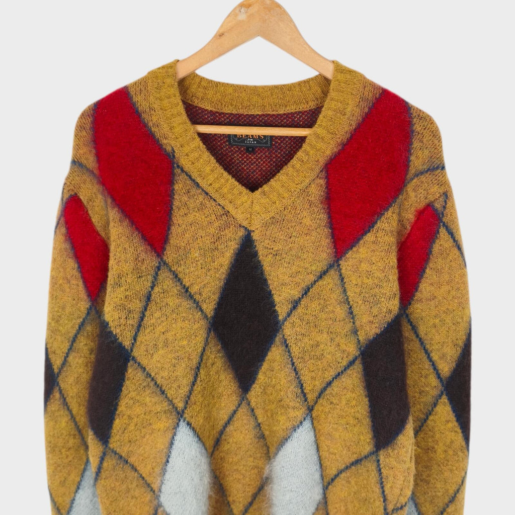BEAMS PLUS Men's Shaggy Mohair Blend Argyle V-Neck Jumper