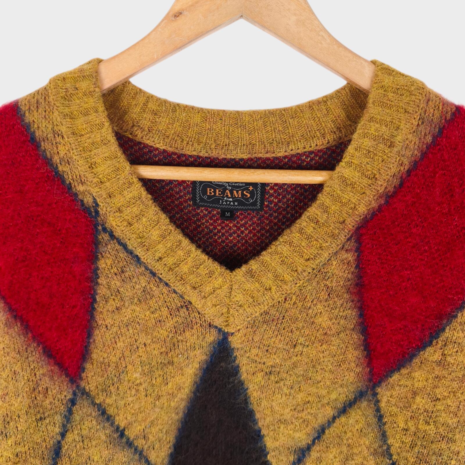 BEAMS PLUS Men's Shaggy Mohair Blend Argyle V-Neck Jumper
