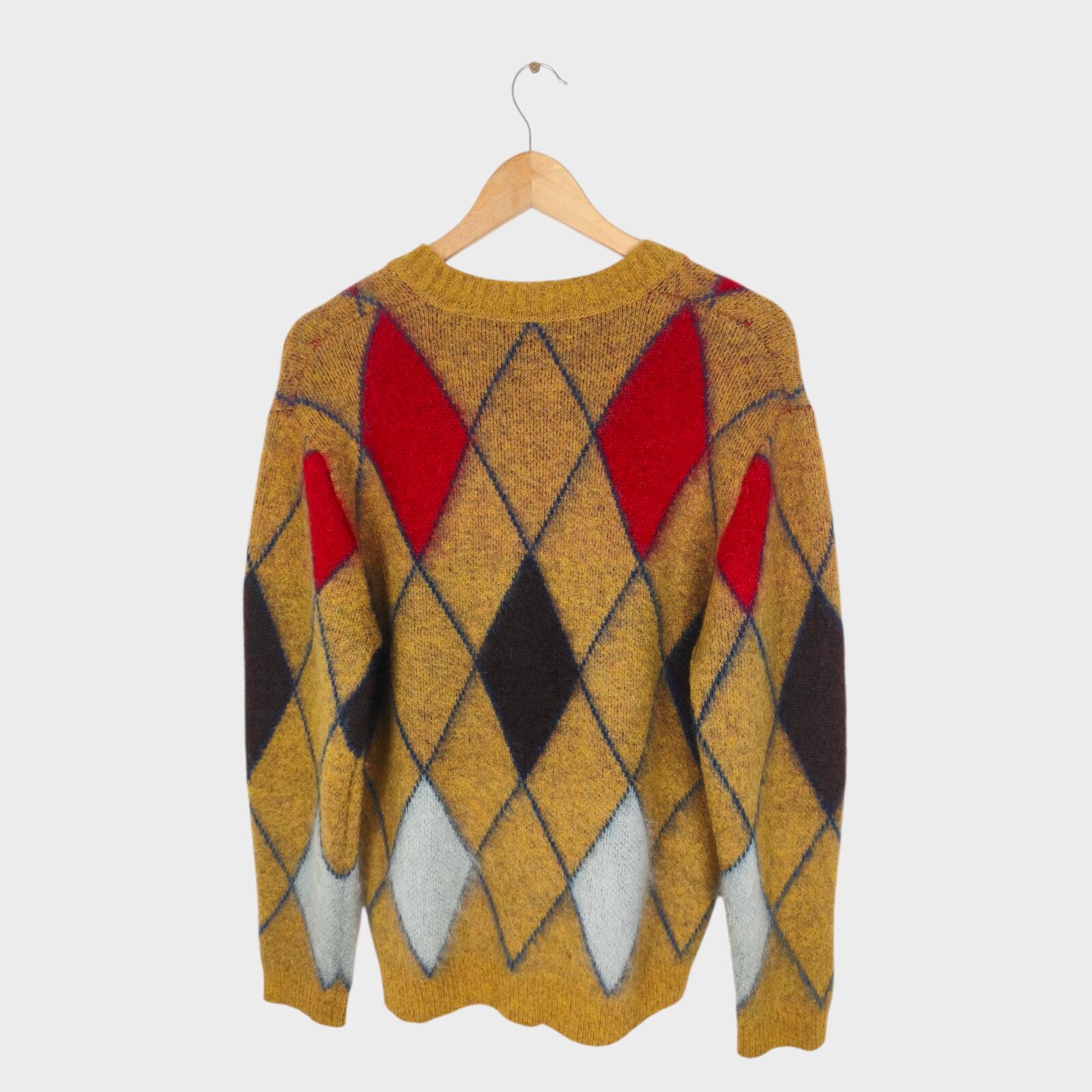 BEAMS PLUS Men's Shaggy Mohair Blend Argyle V-Neck Jumper