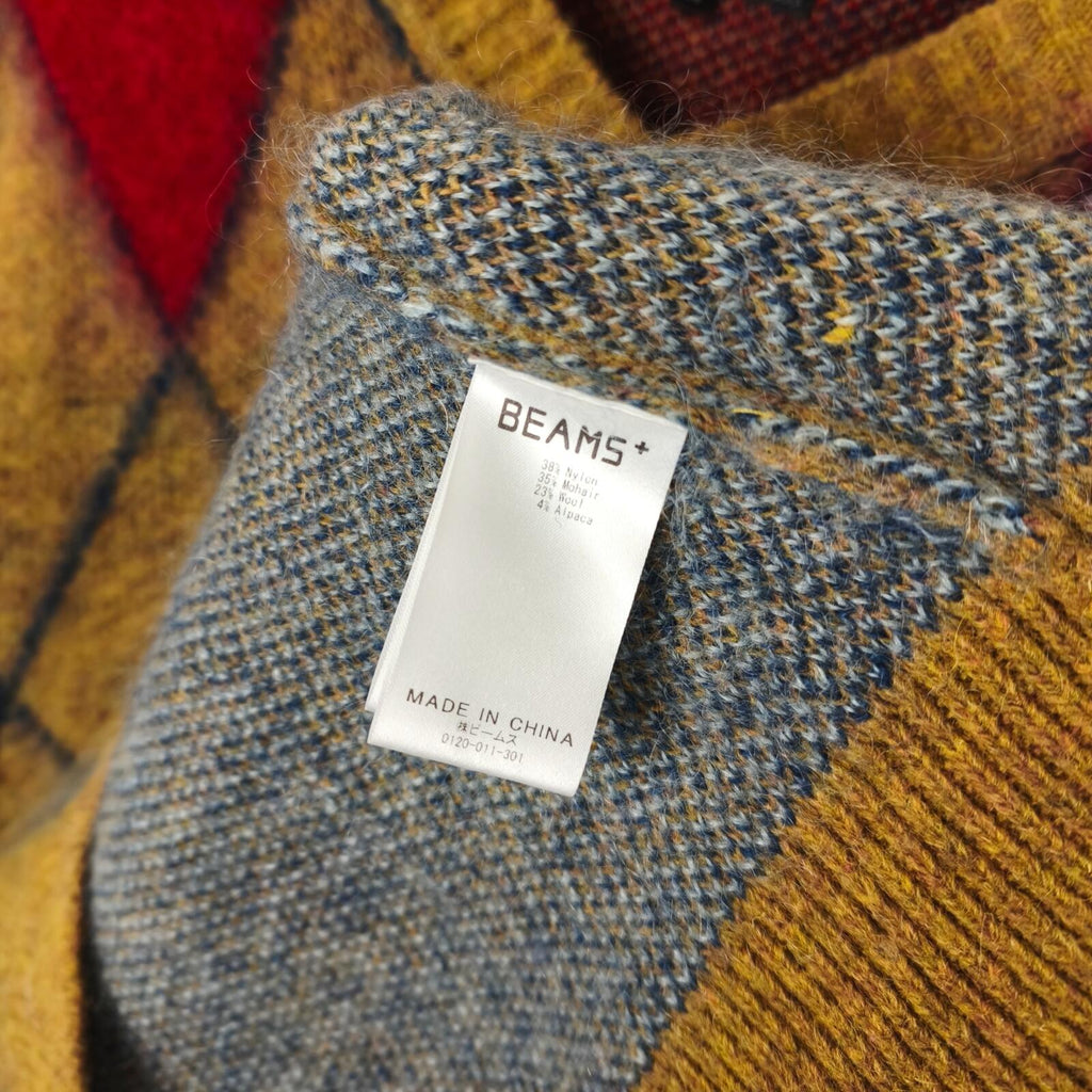 BEAMS PLUS Men's Shaggy Mohair Blend Argyle V-Neck Jumper