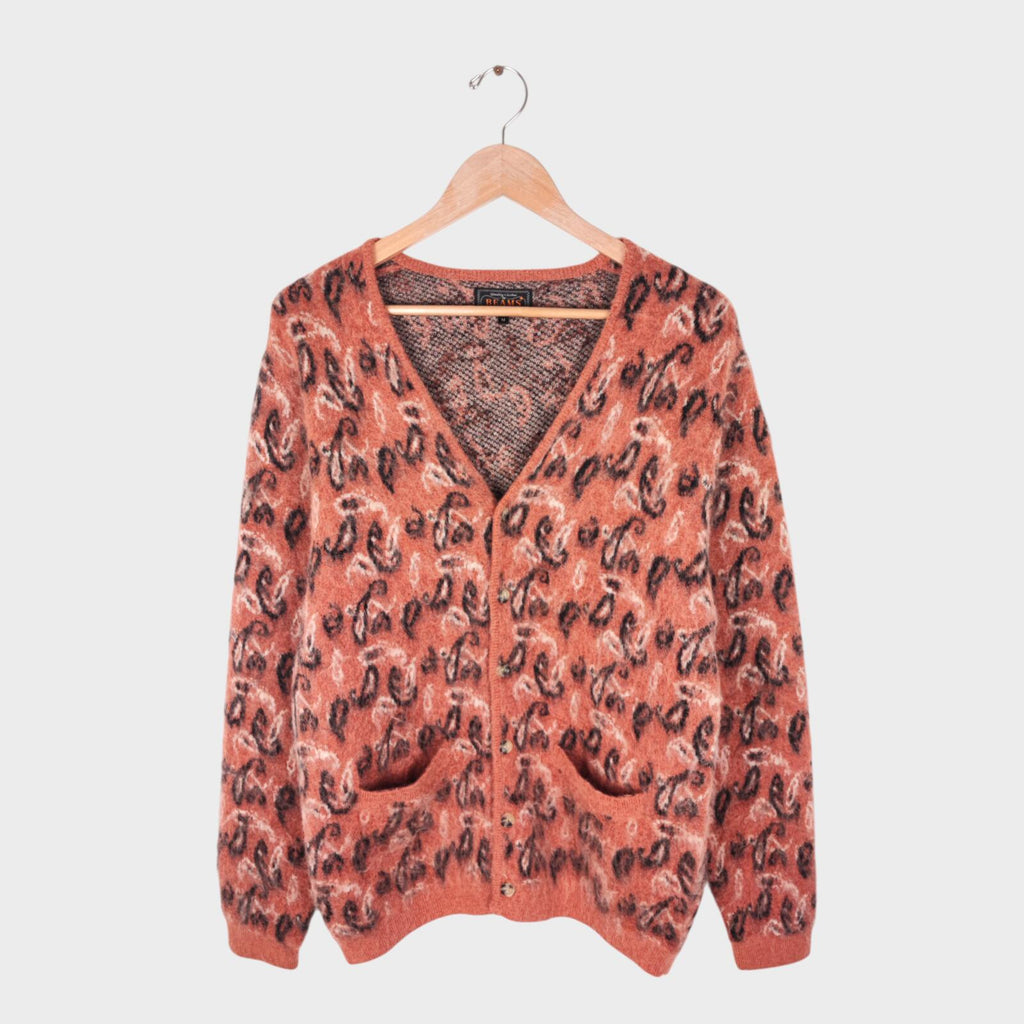 BEAMS PLUS Men's Mohair Blend Shaggy Grunge Botanical Jacquard Cardigan