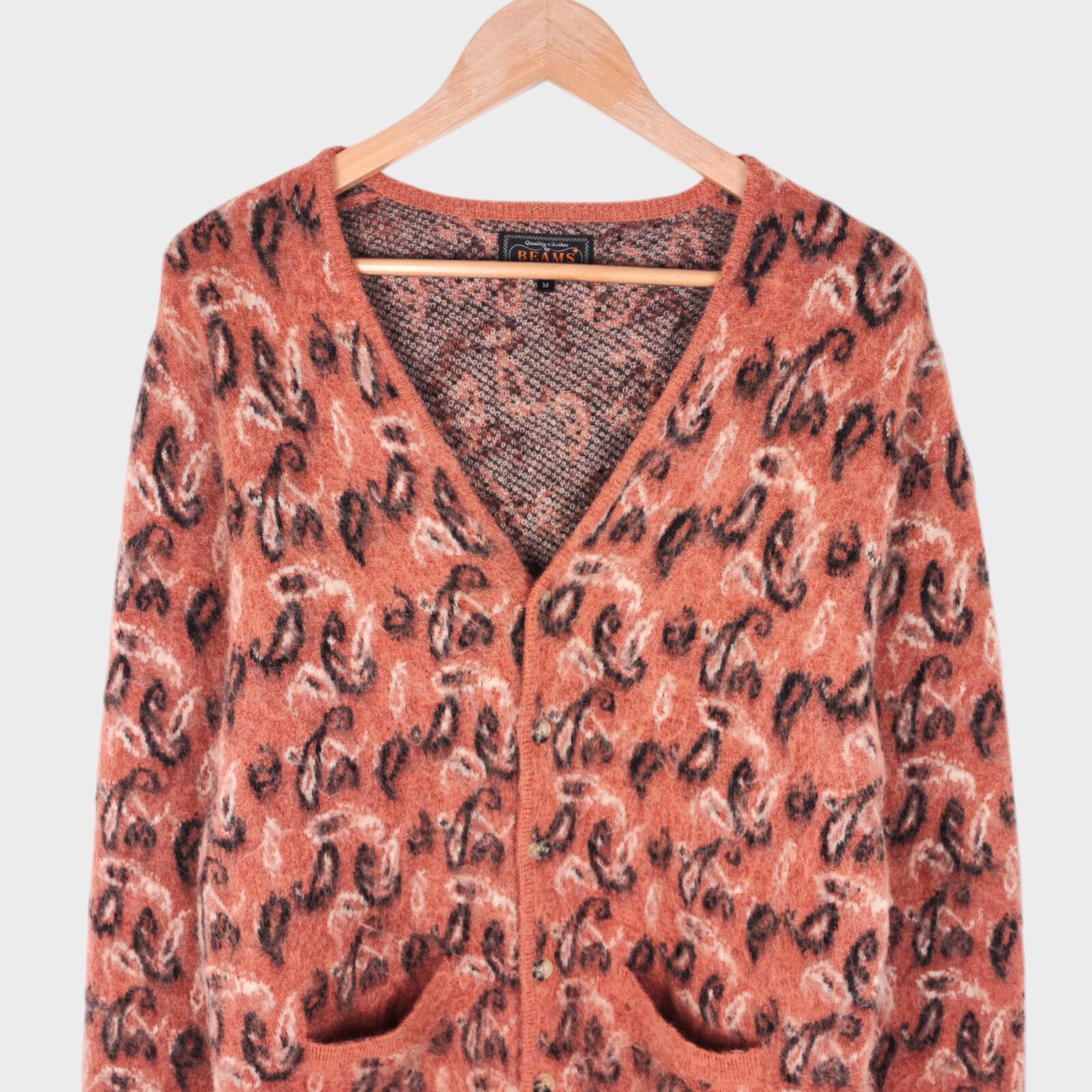 BEAMS PLUS Men's Mohair Blend Shaggy Grunge Botanical Jacquard Cardigan
