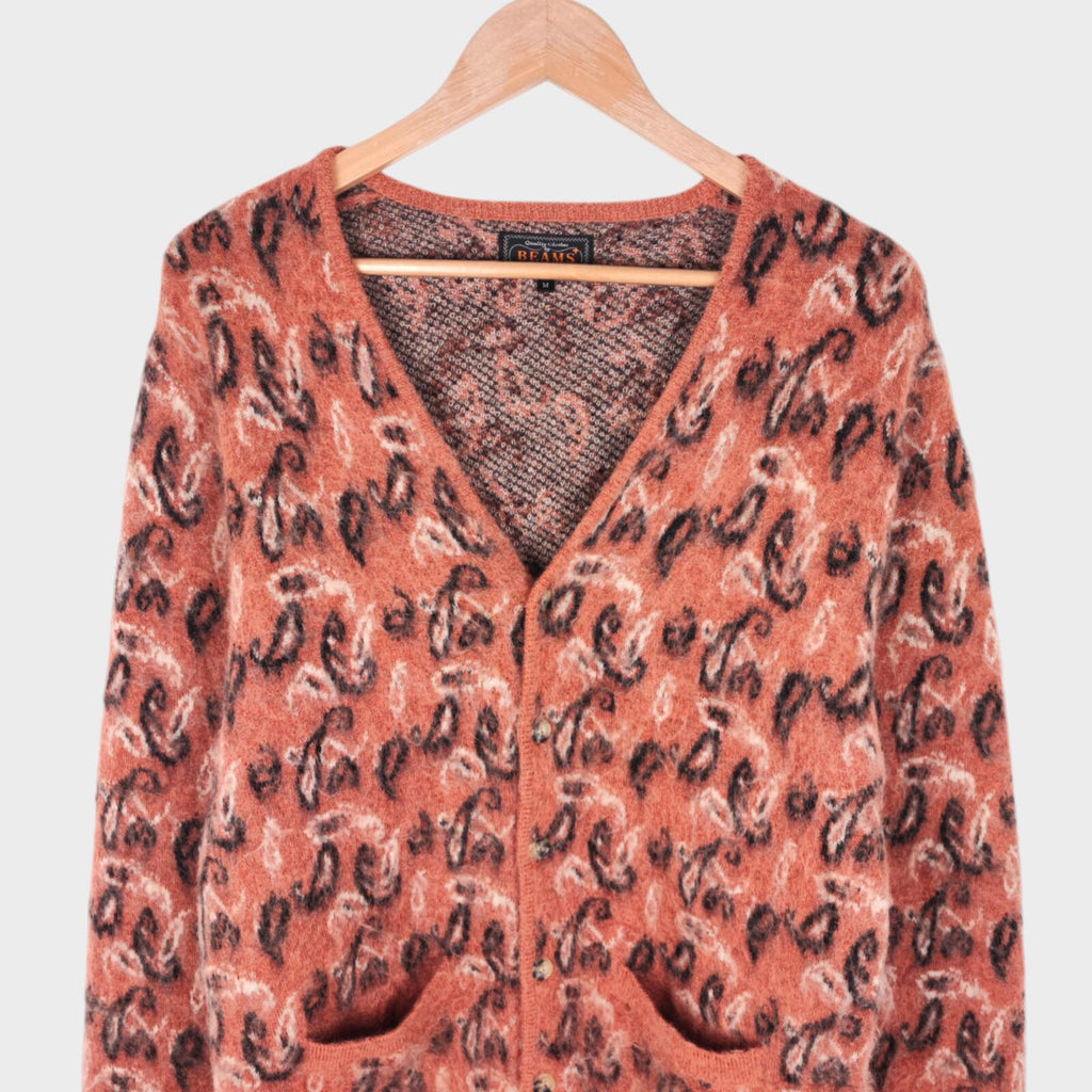 BEAMS PLUS Men's Mohair Blend Shaggy Grunge Botanical Jacquard Cardigan
