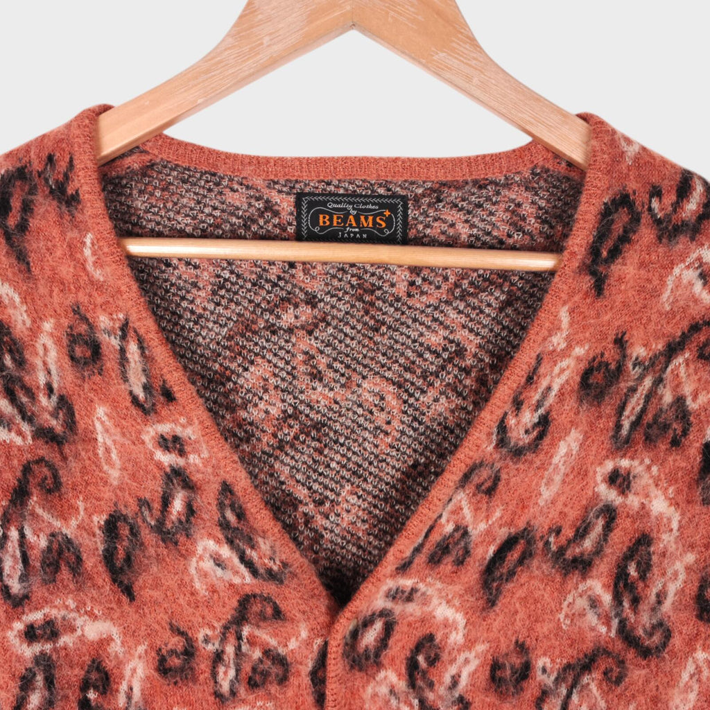 BEAMS PLUS Men's Mohair Blend Shaggy Grunge Botanical Jacquard Cardigan