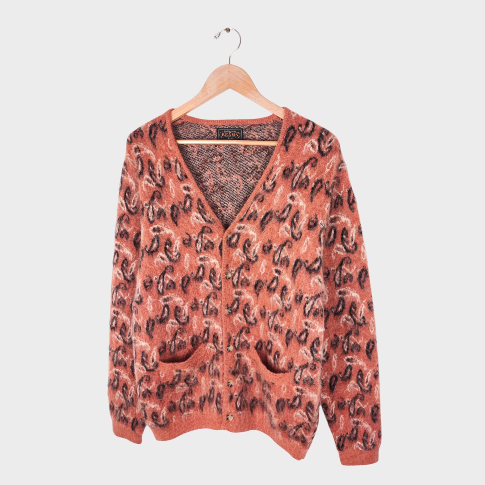 BEAMS PLUS Men's Mohair Blend Shaggy Grunge Botanical Jacquard Cardigan