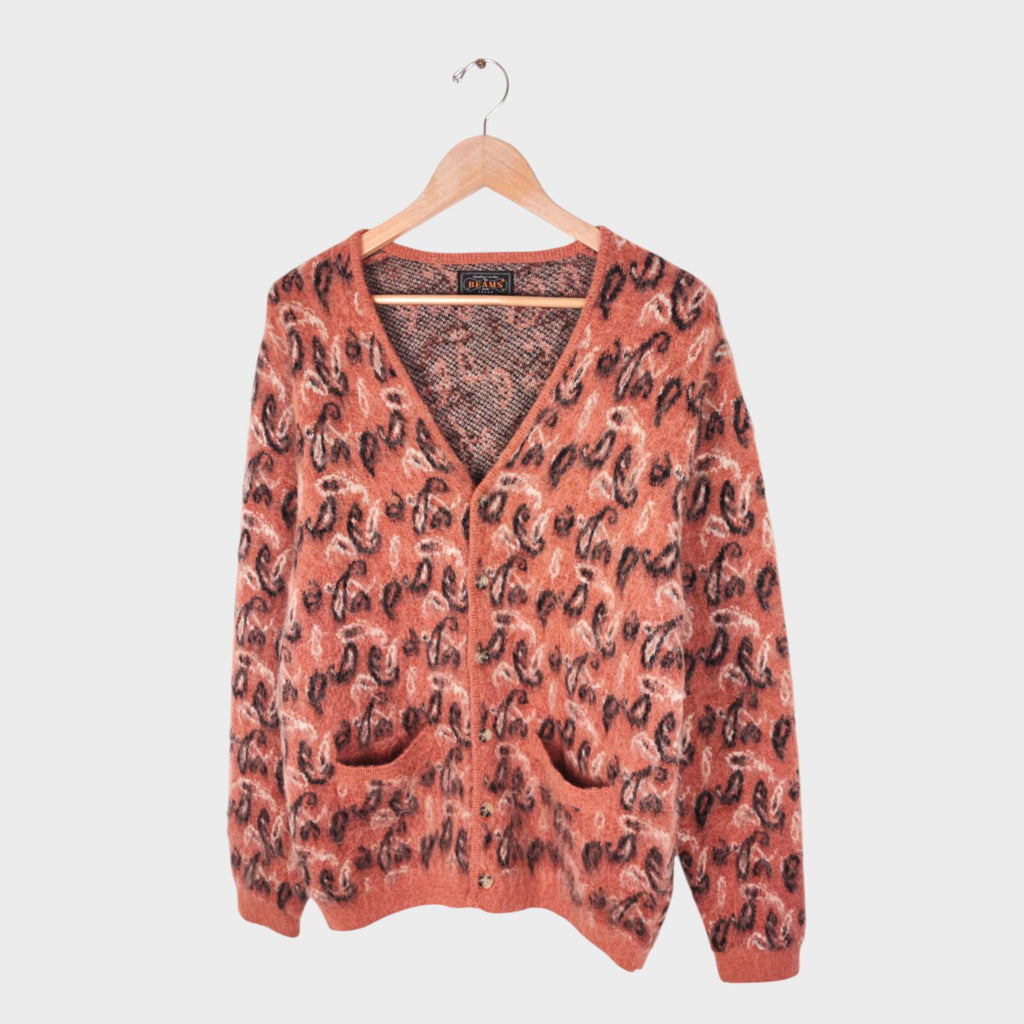 BEAMS PLUS Men's Mohair Blend Shaggy Grunge Botanical Jacquard Cardigan