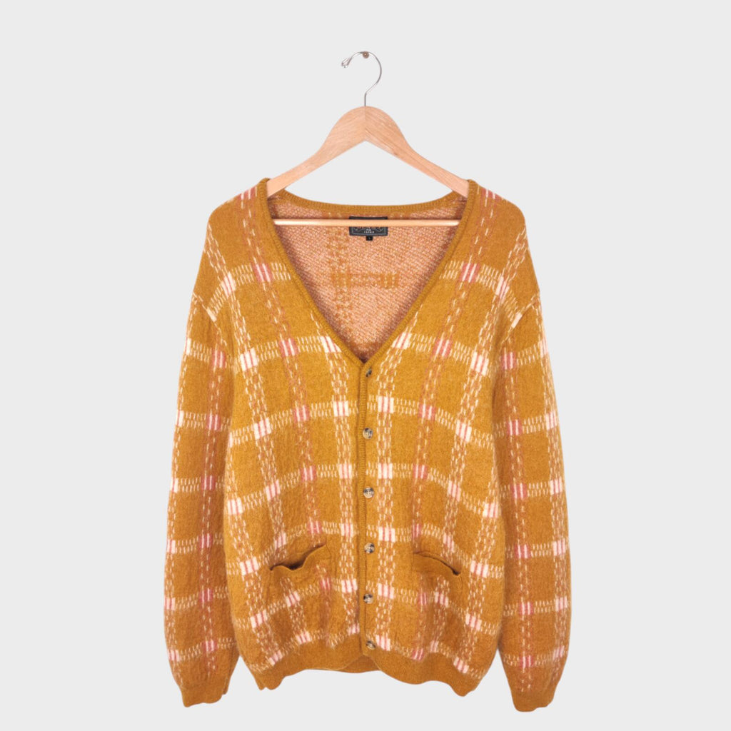 BEAMS PLUS Men's Mohair Blend Shaggy Grunge Jacquard Cardigan