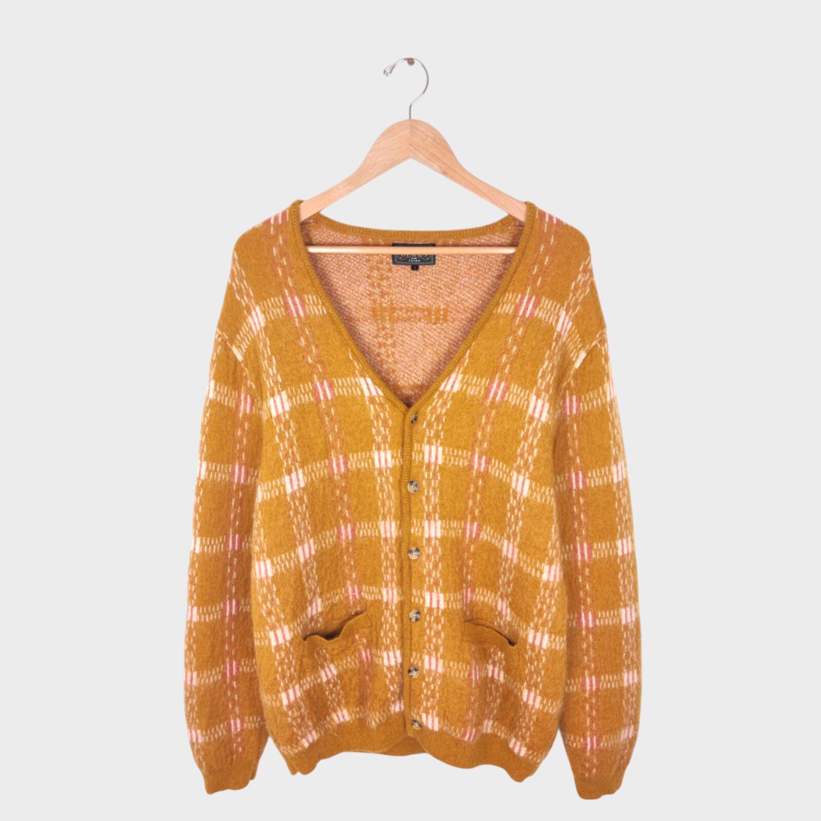 BEAMS PLUS Men's Mohair Blend Shaggy Grunge Jacquard Cardigan