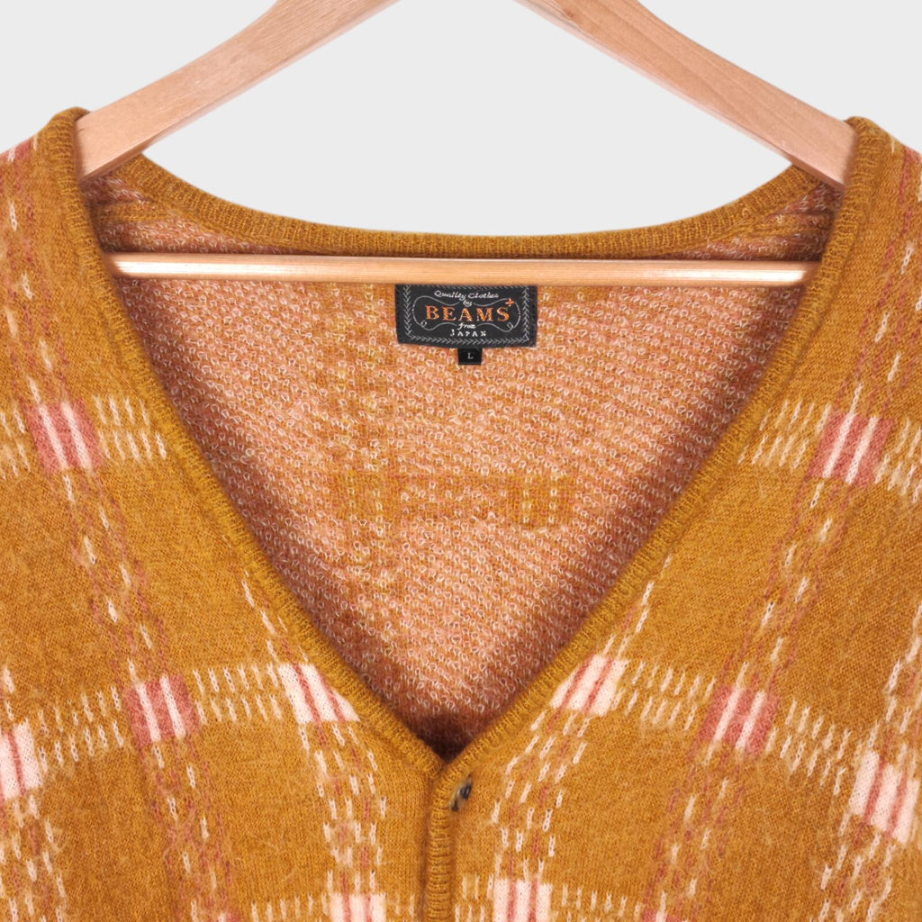 BEAMS PLUS Men's Mohair Blend Shaggy Grunge Jacquard Cardigan