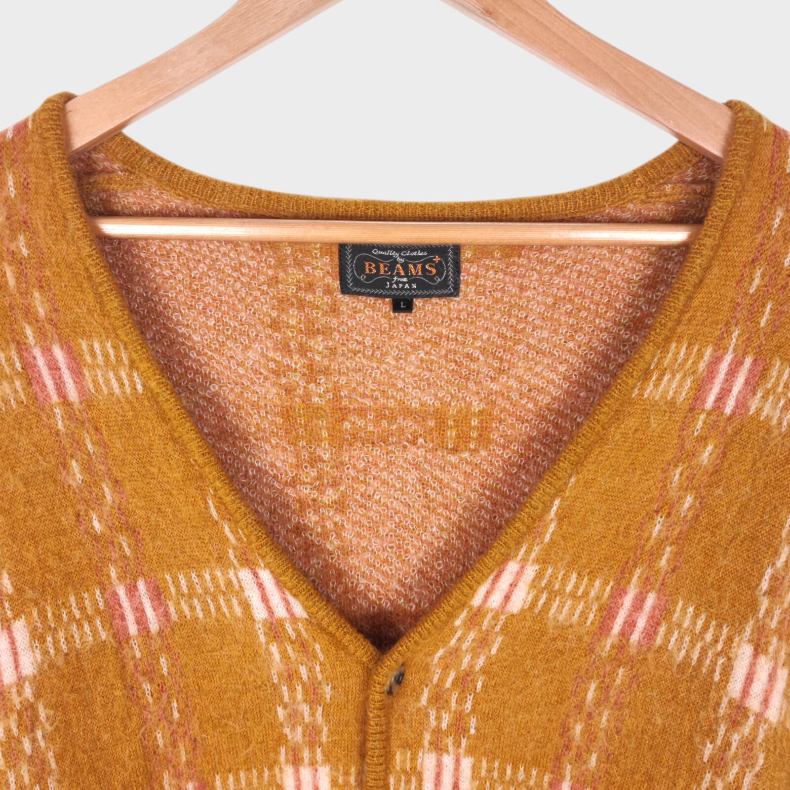 BEAMS PLUS Men's Mohair Blend Shaggy Grunge Jacquard Cardigan