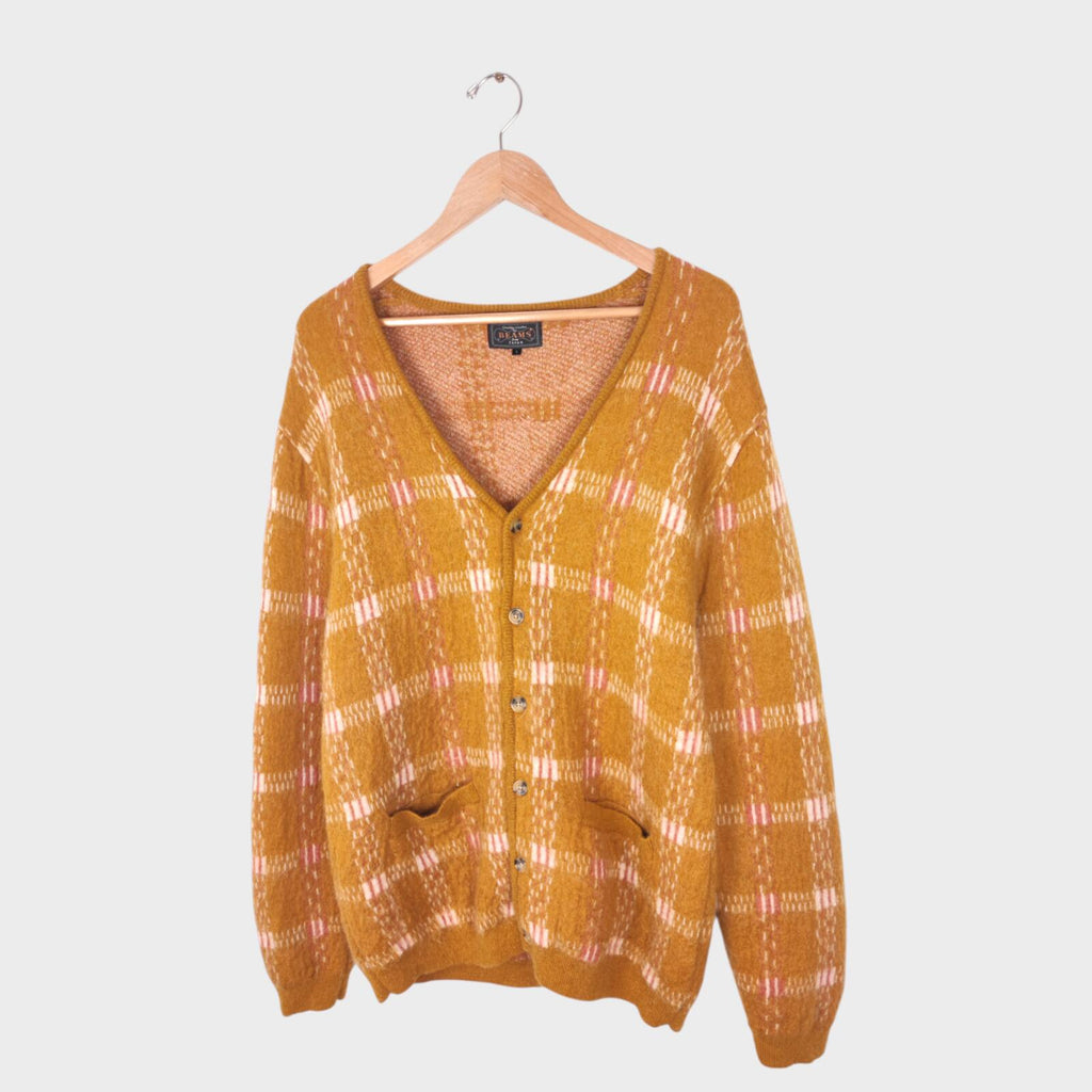 BEAMS PLUS Men's Mohair Blend Shaggy Grunge Jacquard Cardigan