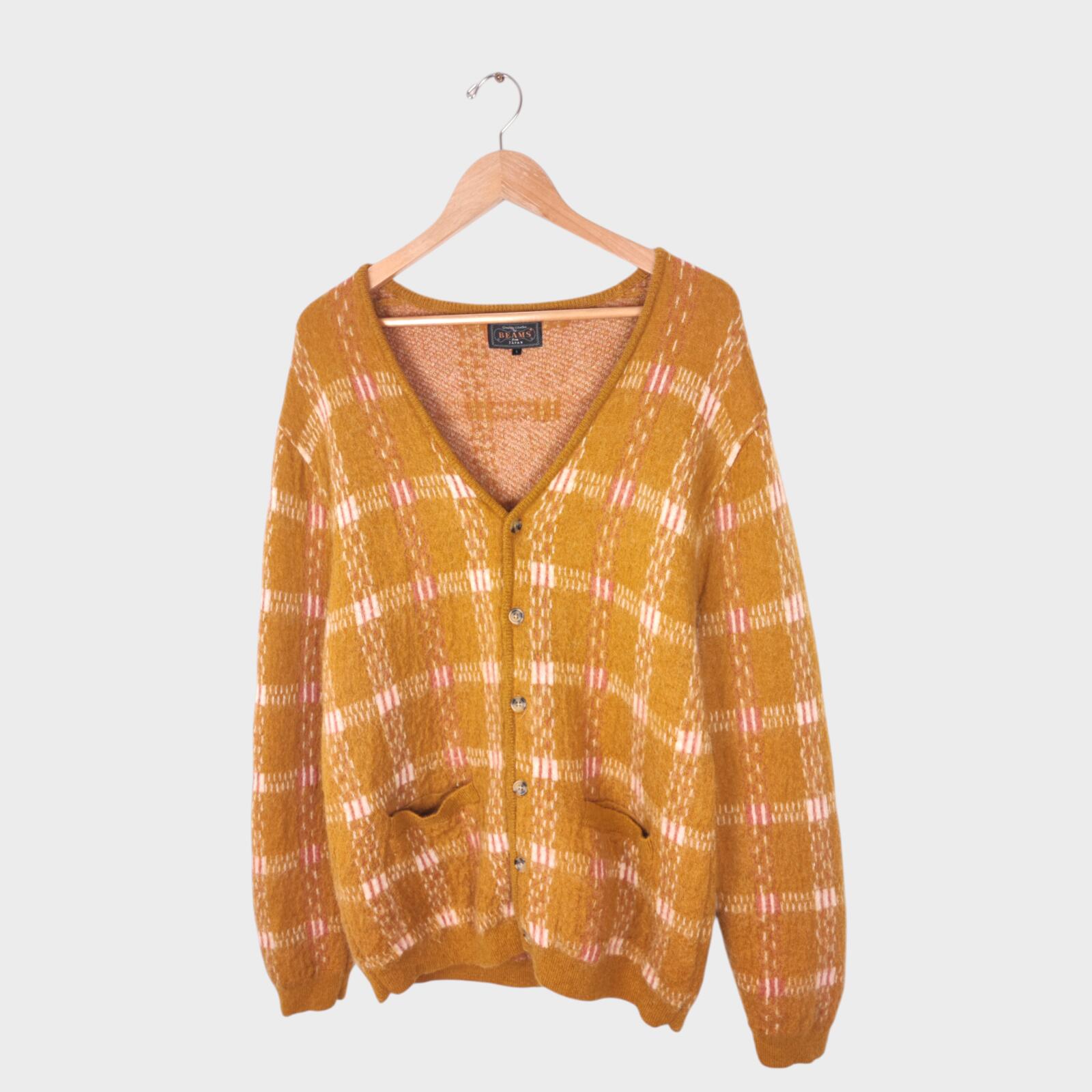 BEAMS PLUS Men's Mohair Blend Shaggy Grunge Jacquard Cardigan