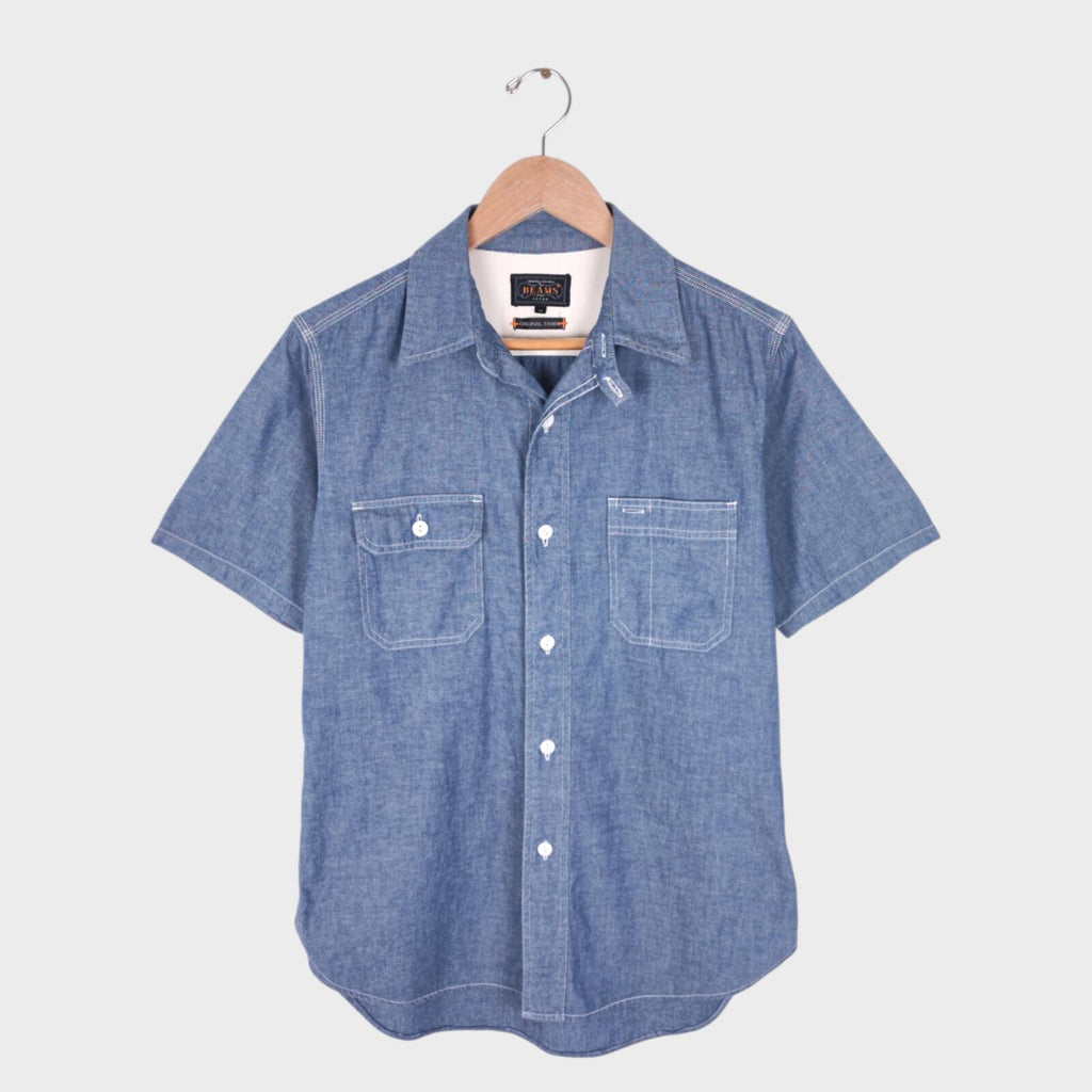 BEAMS PLUS Men's Blue Chambray Short Sleeved Utility Shirt
