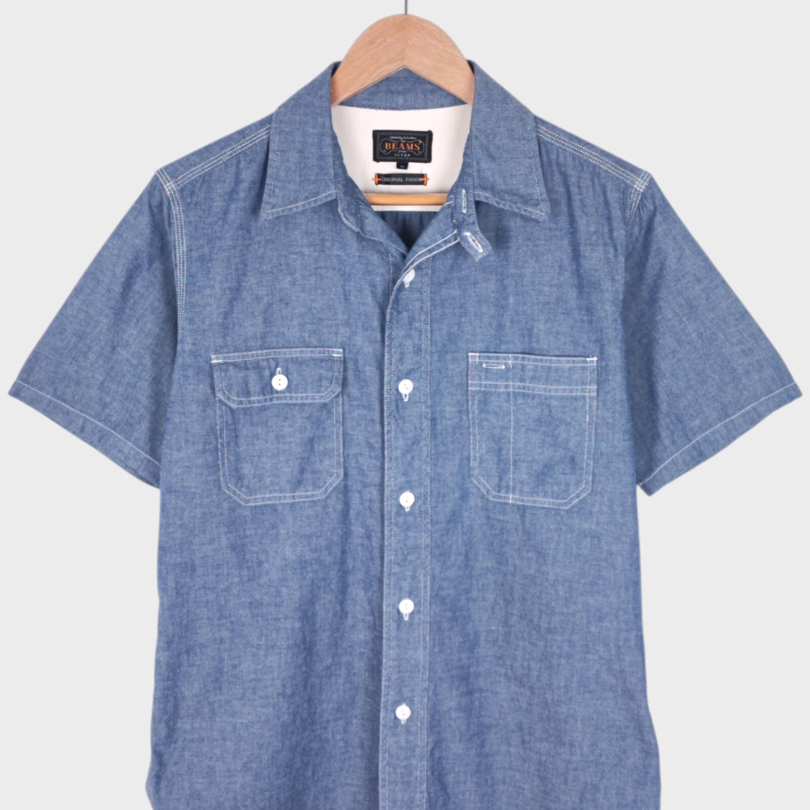 BEAMS PLUS Men's Blue Chambray Short Sleeved Utility Shirt