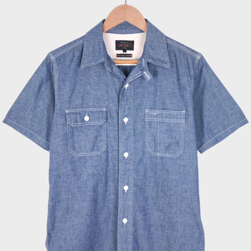 BEAMS PLUS Men's Blue Chambray Short Sleeved Utility Shirt