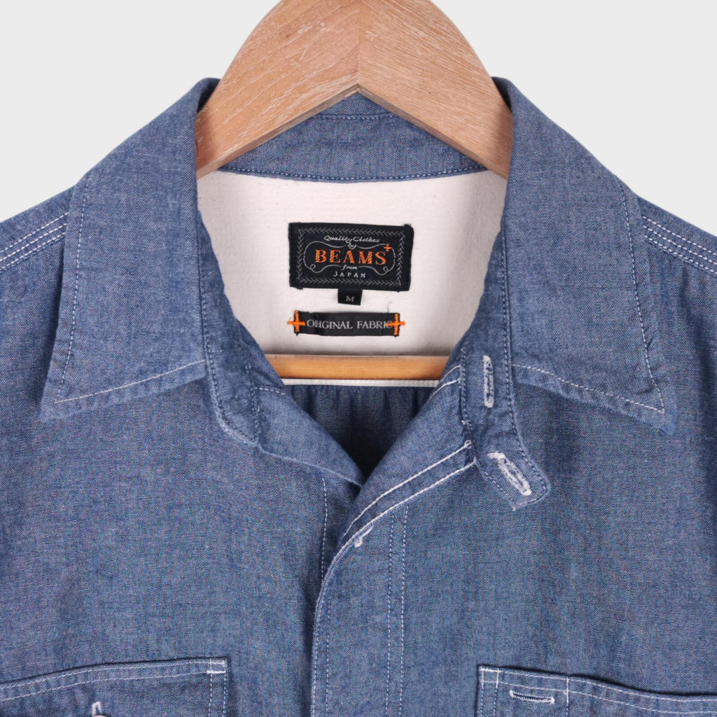BEAMS PLUS Men's Blue Chambray Short Sleeved Utility Shirt