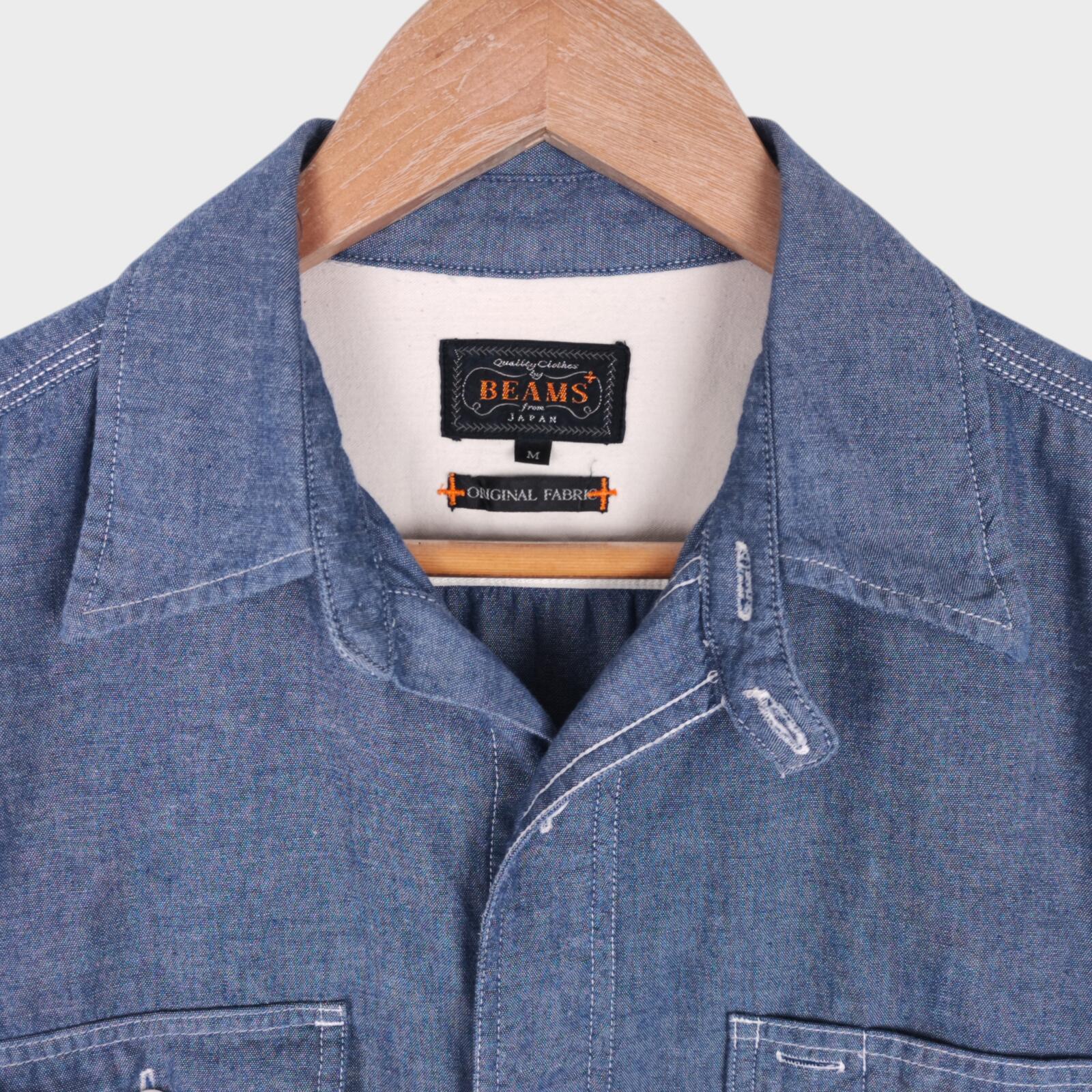 BEAMS PLUS Men's Blue Chambray Short Sleeved Utility Shirt