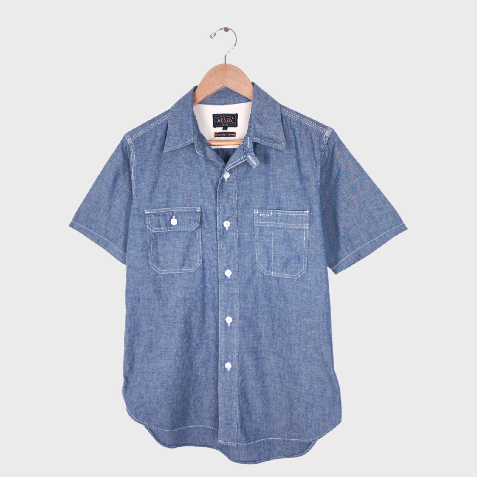 BEAMS PLUS Men's Blue Chambray Short Sleeved Utility Shirt