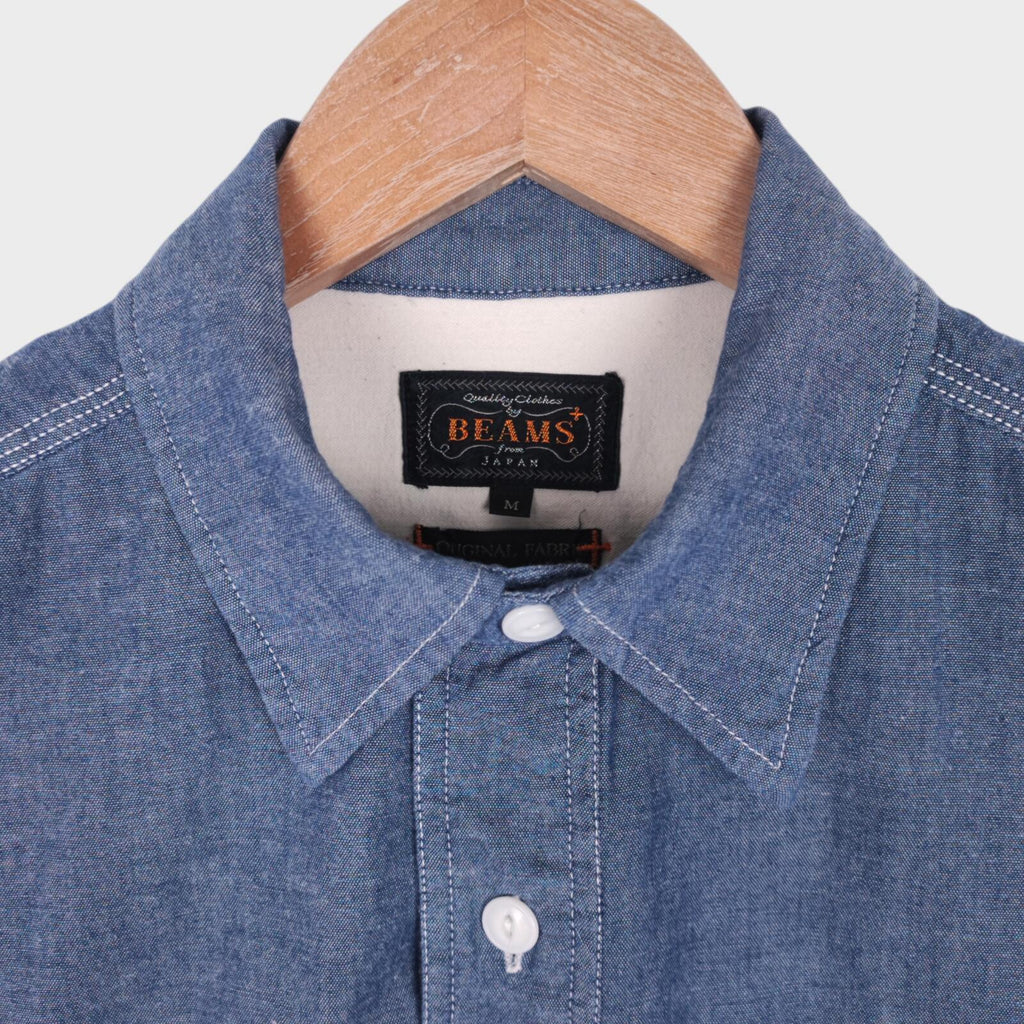 BEAMS PLUS Men's Blue Chambray Short Sleeved Utility Shirt