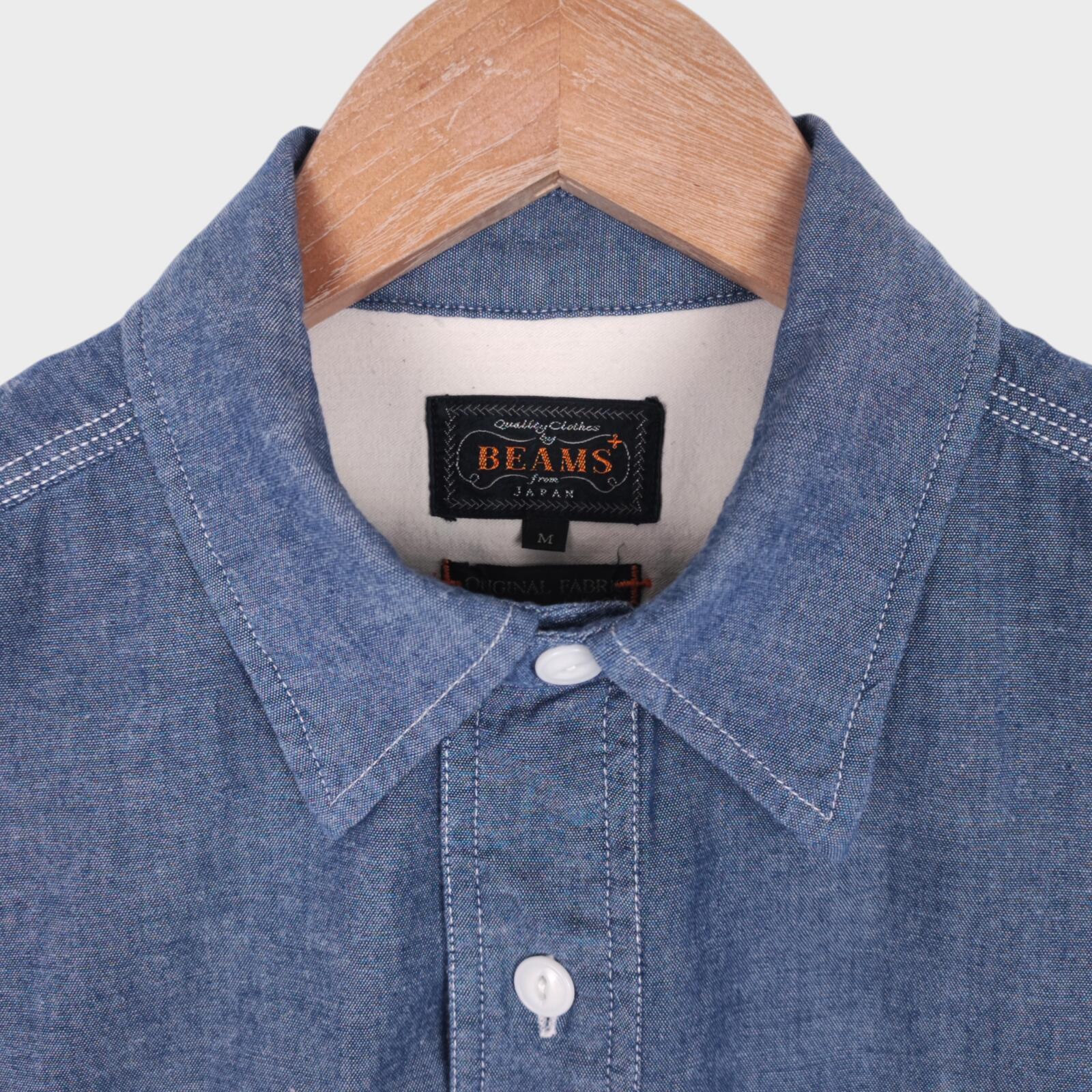 BEAMS PLUS Men's Blue Chambray Short Sleeved Utility Shirt