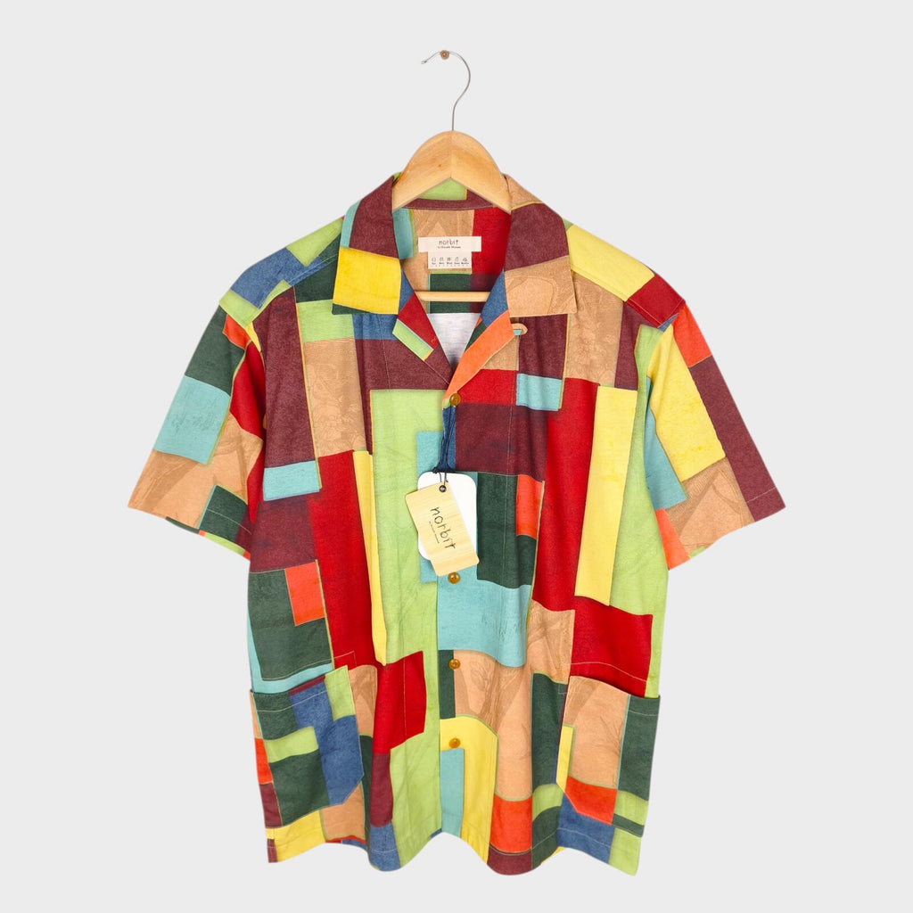 NORBIT BY HIROSHI NOZAWA Men's Multicoloured Geometric Print Aloha Shirt
