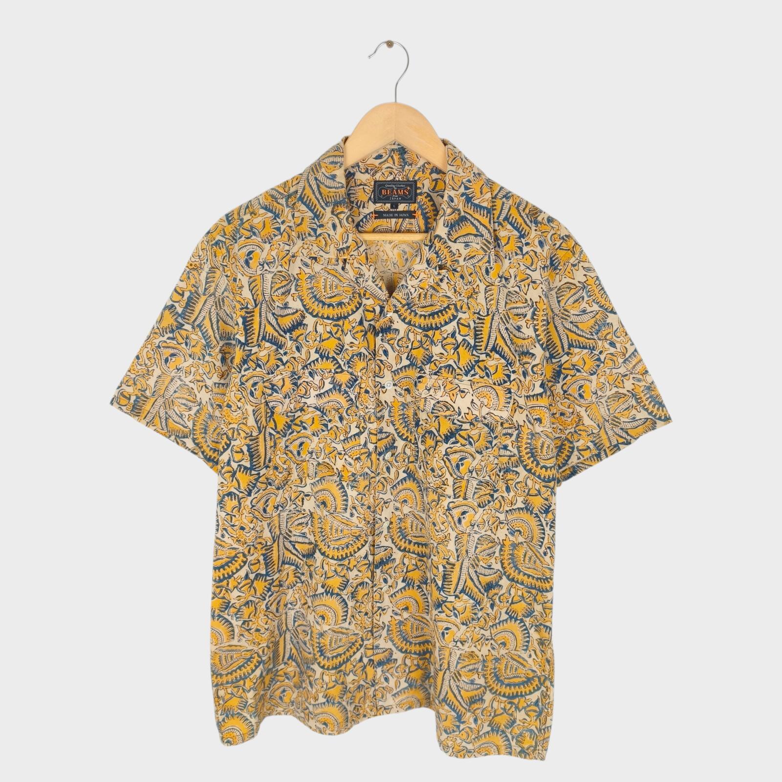 BEAMS PLUS Men's Made in Japan Floral Paisley Print Camp Collar Vacation Shirt