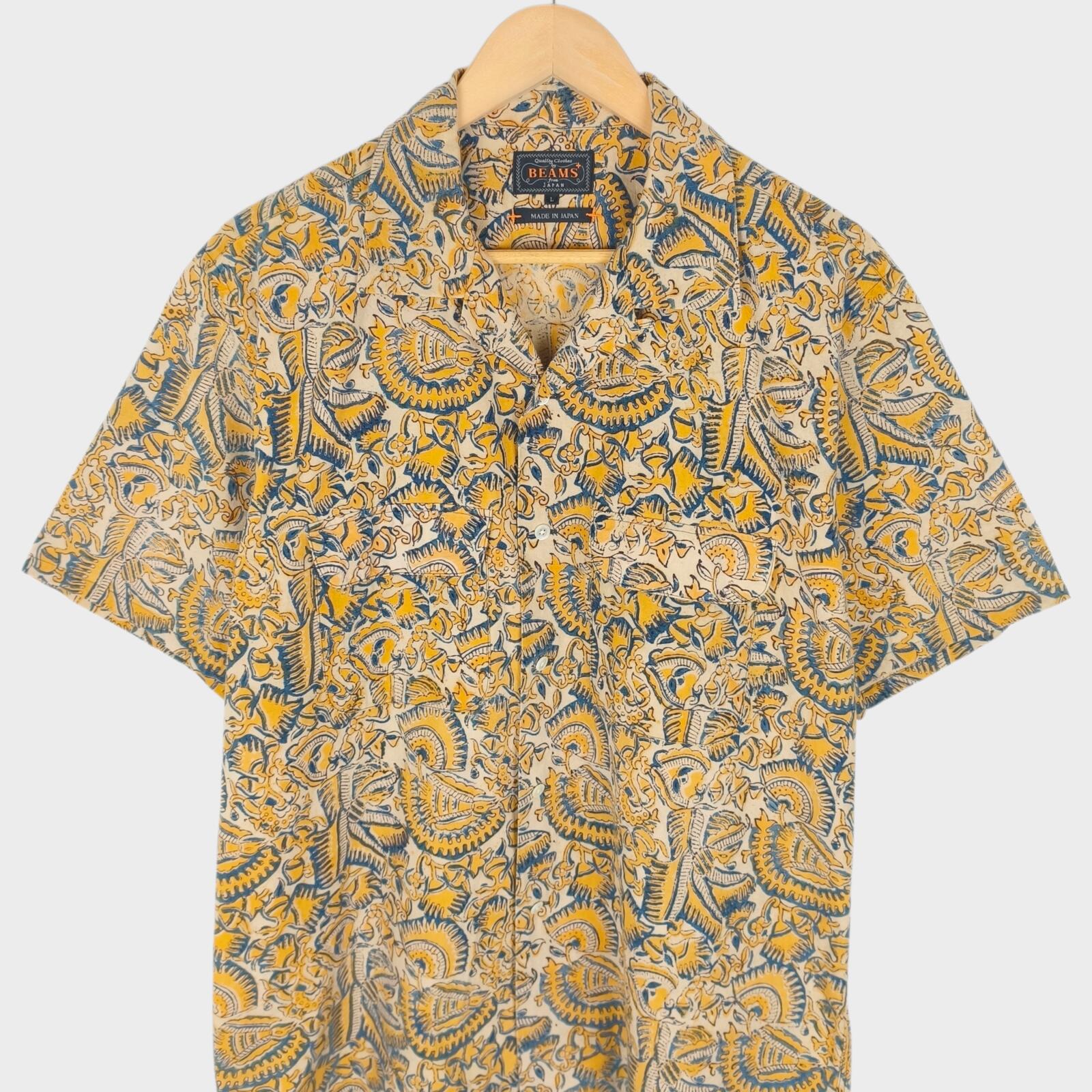 BEAMS PLUS Men's Made in Japan Floral Paisley Print Camp Collar Vacation Shirt