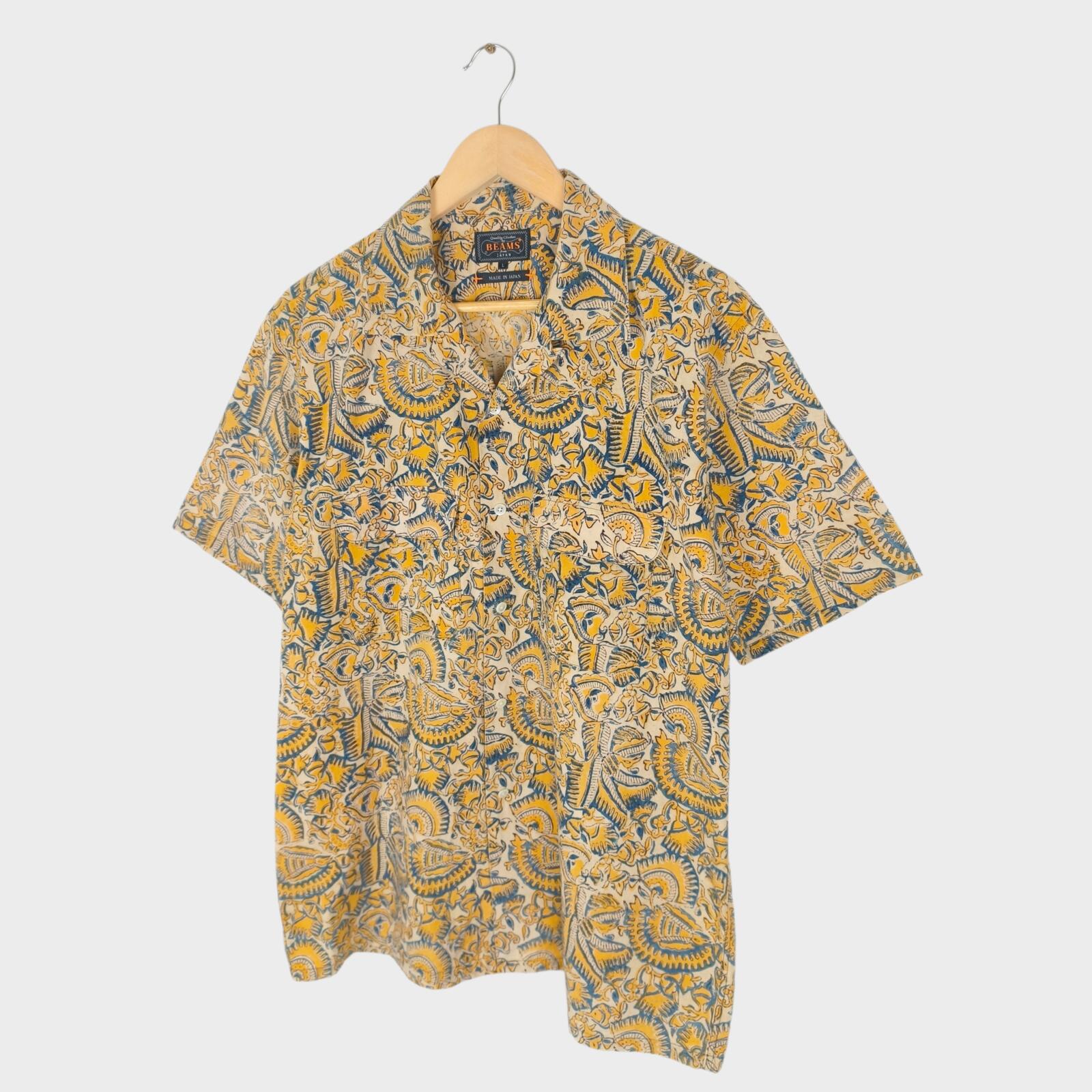 BEAMS PLUS Men's Made in Japan Floral Paisley Print Camp Collar Vacation Shirt
