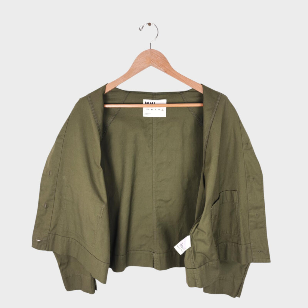 MHL MARGARET HOWELL Women's Olive Green Collarless Cotton Twill Overshirt Jacket