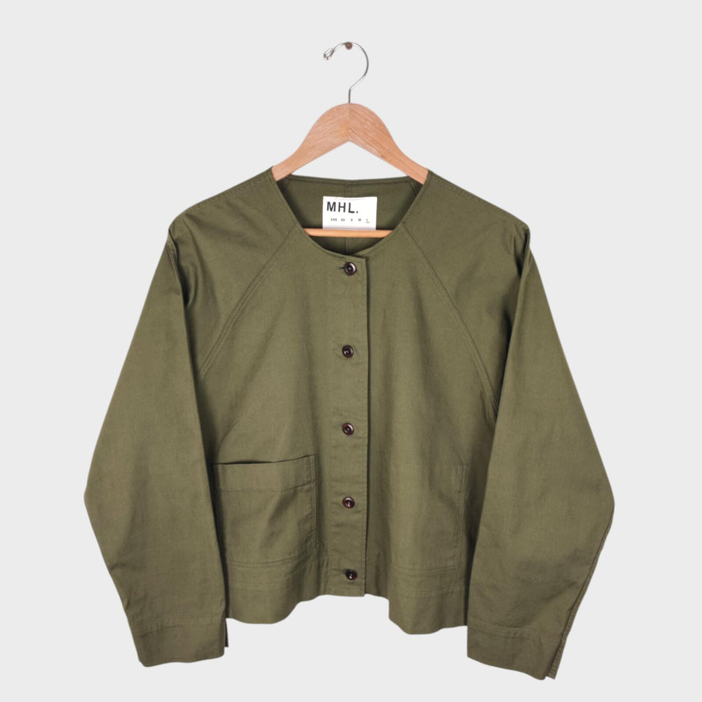 MHL MARGARET HOWELL Women's Olive Green Collarless Cotton Twill Overshirt Jacket